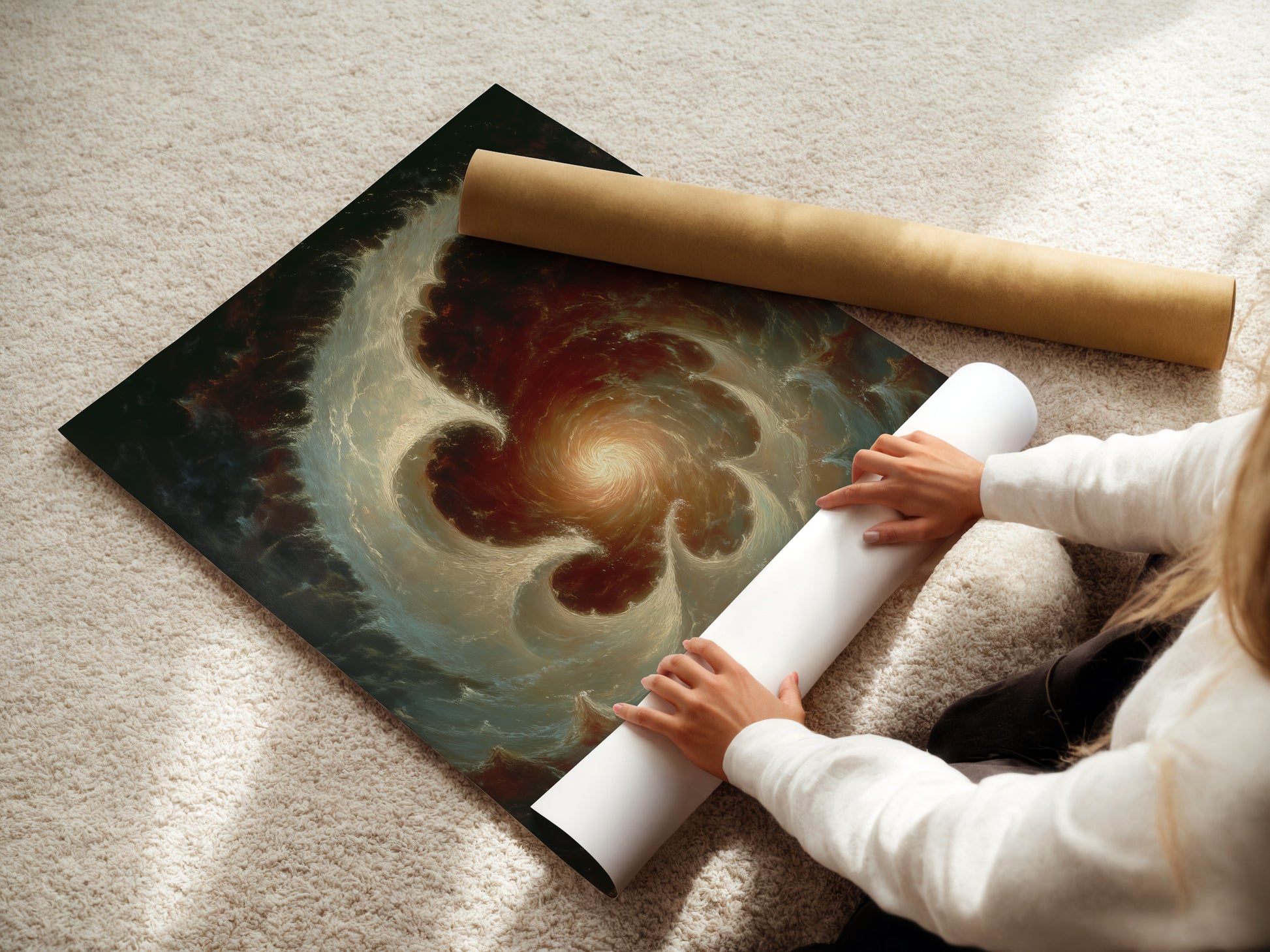 A woman is carefully rolling a fine art poster paper of the Celestial Vortex. This abstract galaxy wall art is perfect as study room decor. The space themed art is ideal for dark academia. It is a unique gift for scholars.