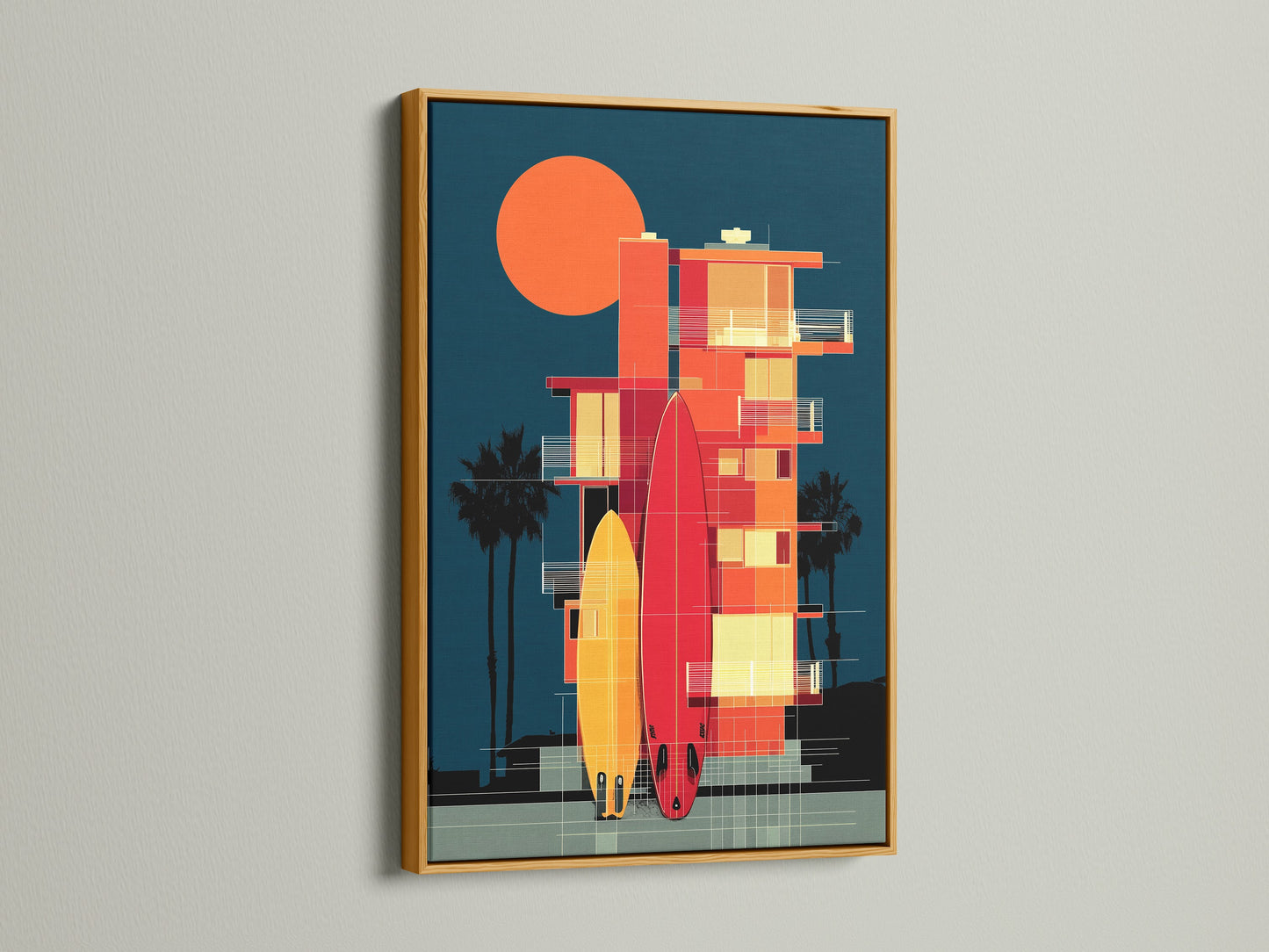 A gold frame displays a captivating surfboard artwork print. The beach house print adds a touch of ocean artwork. The coastal wall art complements mid-century modern decor. Perfect for those seeking summer vibes art. This California art enhances any space.