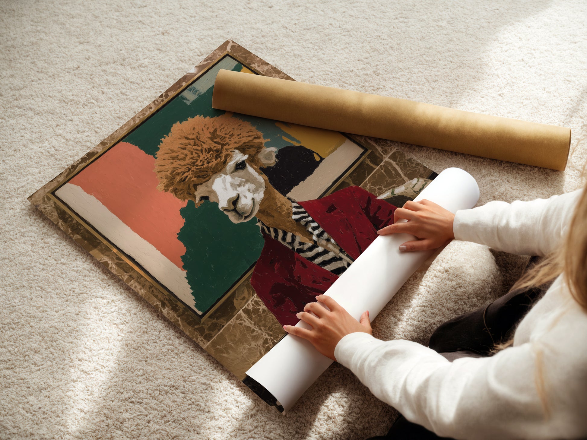 Woman rolling a fine art poster paper. The quirky llama art print is ready to be framed. It makes whimsical wall art accessible. Transform your space with animal canvas art.