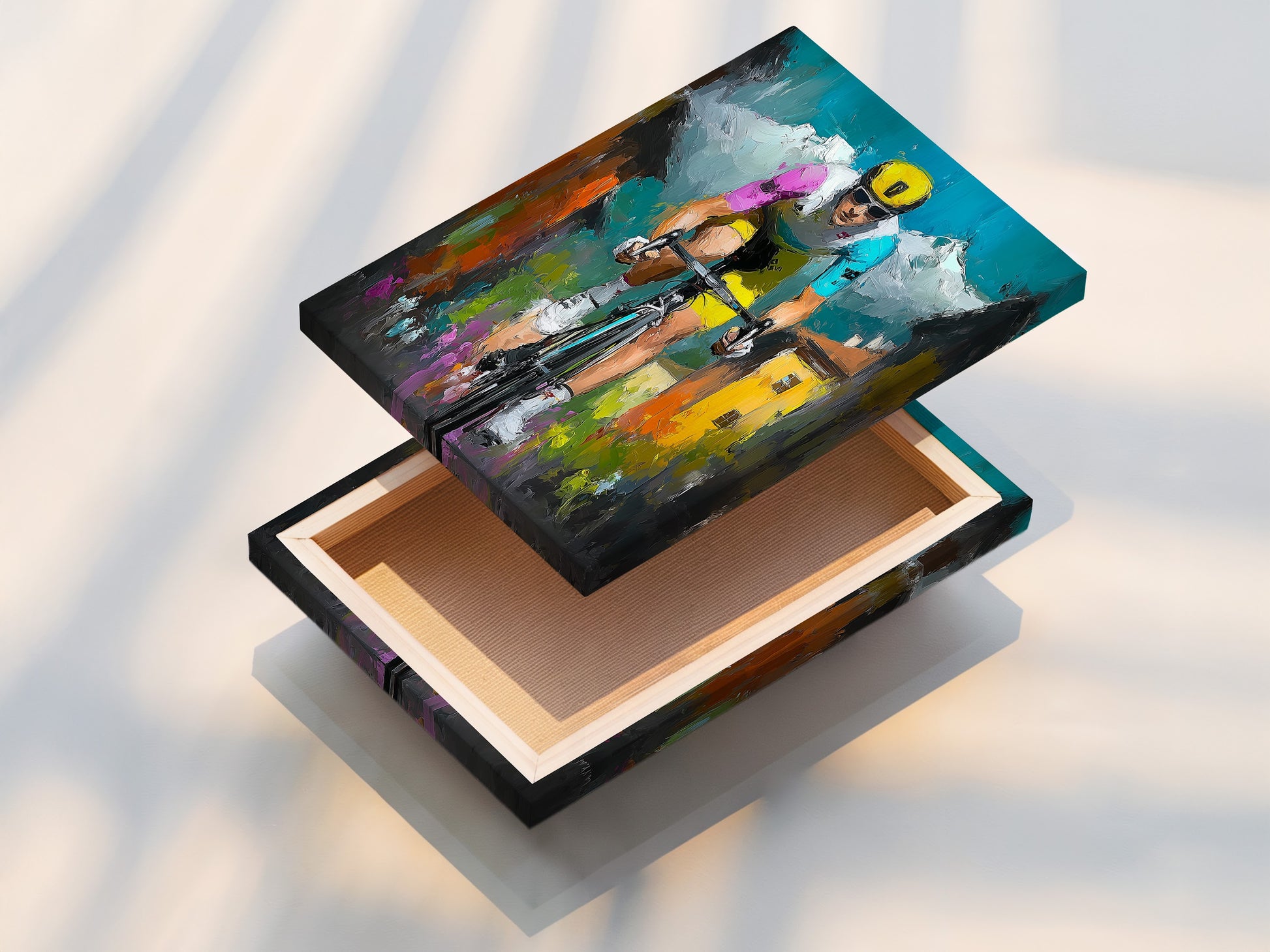 A stretched canvas print featuring vibrant artwork. The canvas is stretched and ready to hang. It offers a gallery-wrapped look. This print is perfect for adding color and style to any room. A durable and visually appealing option.