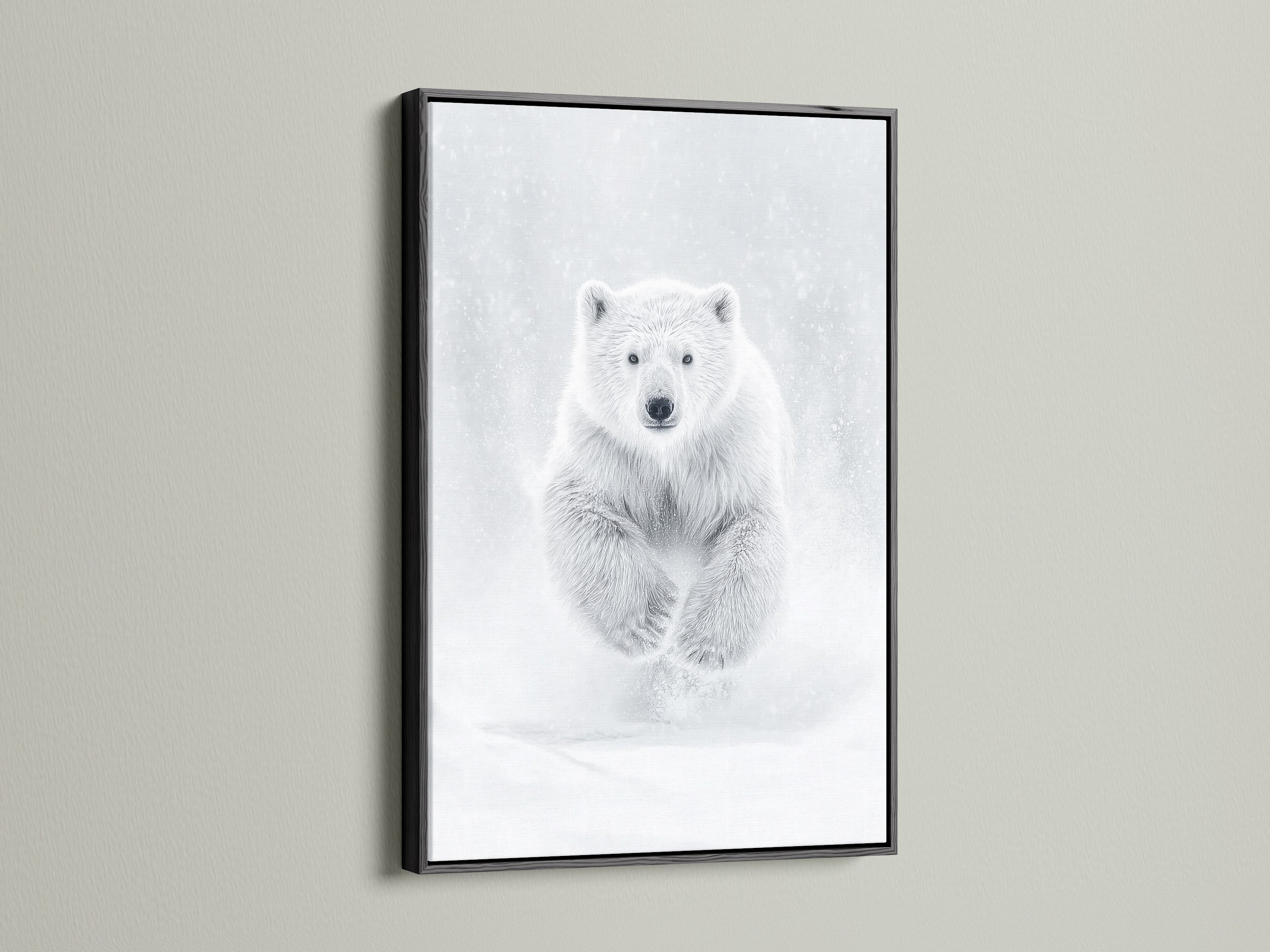 A striking black frame surrounds the polar bear artwork providing a bold contrast to the white backdrop. The black frame accentuates the wildlife wall art creating a modern look for minimalist wall art. Ideal as animal wall decor.