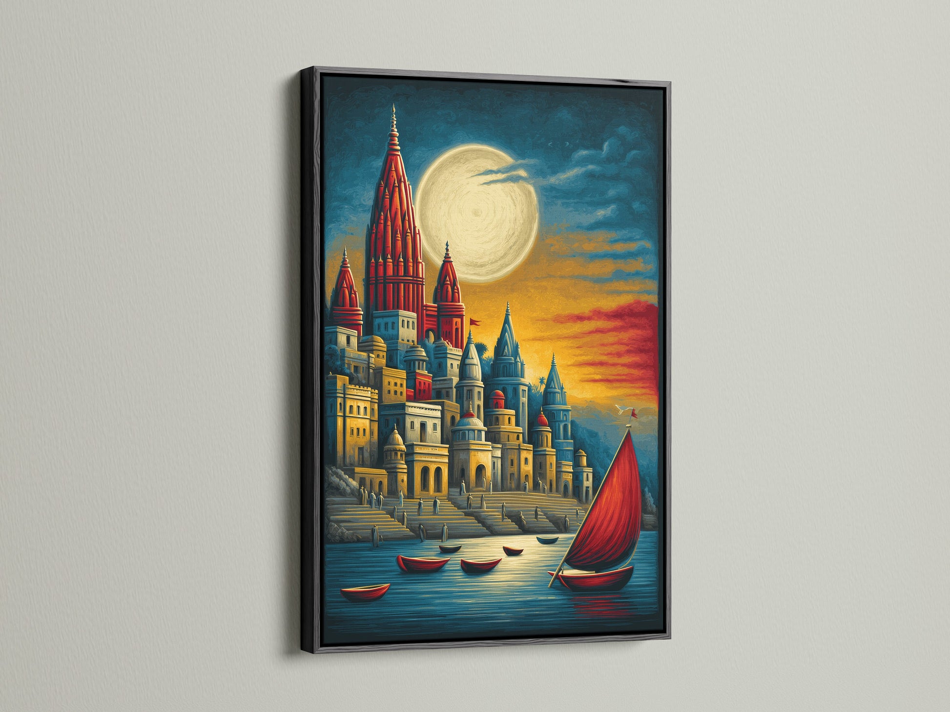 A black frame enhances this beautiful fantasy wall art. The artwork illustrates a medieval castle and a harbor under moonlight. This castle print brings a touch of fairytale charm to your living room. The art has red and gold colors.