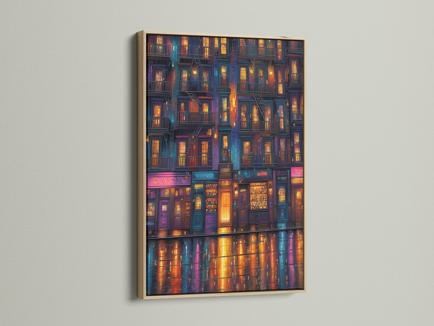 Cityscape at Night artwork in an oak frame. This urban canvas print features neon wall art. It offers a modern city reflection. Perfect artwork for elevating your home decor.