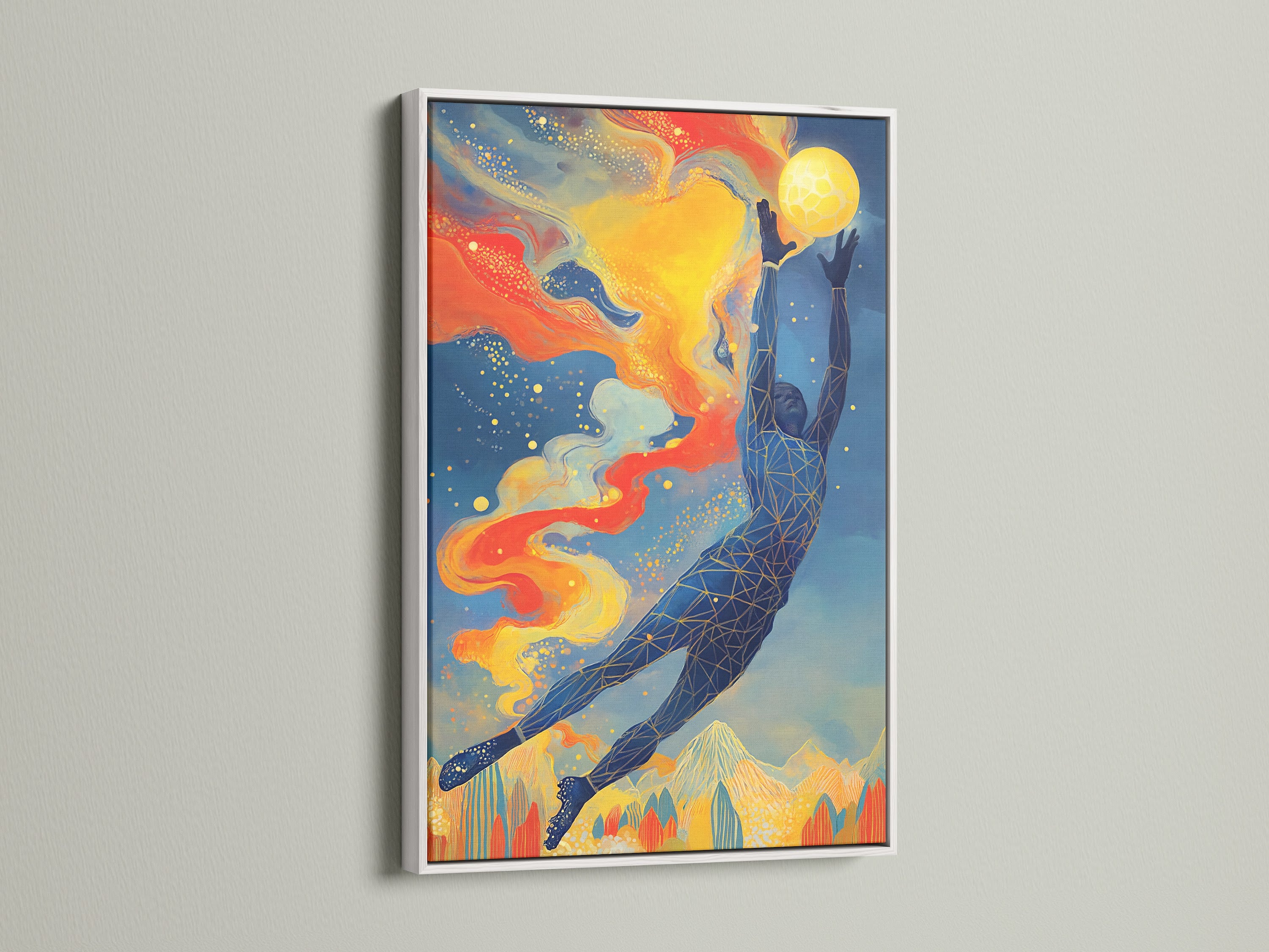 A striking celestial art piece in a clean white frame. The colorful whale print offers a modern and minimalist aesthetic. This geometric whale art is perfect for adding a splash of color to your living room art or studio decor.