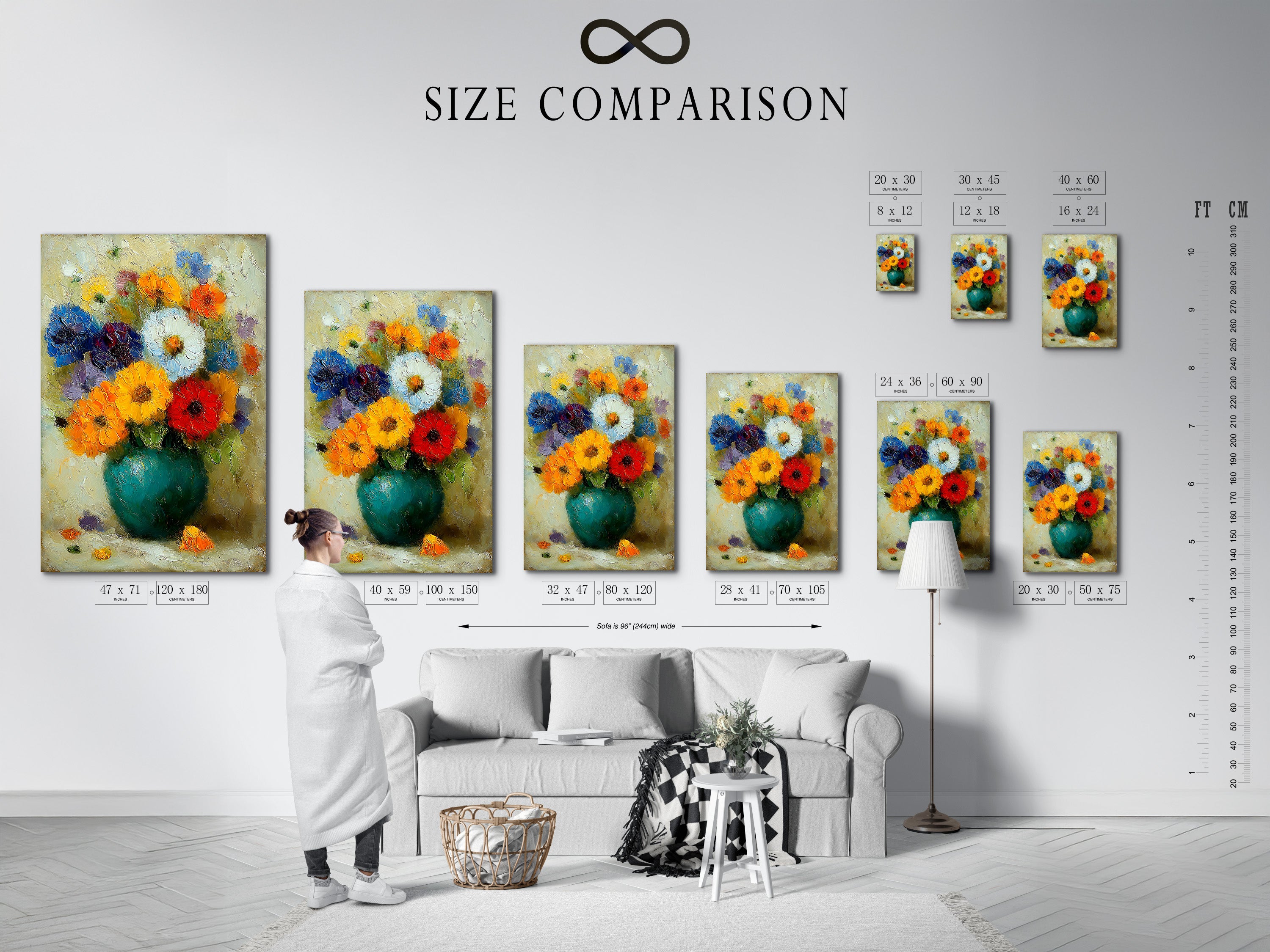 Size Comparison Chart in Interior. See how our vibrant flower artwork fits in your home. Visualize different sizes for living room bedroom or office wall art to find the perfect fit.