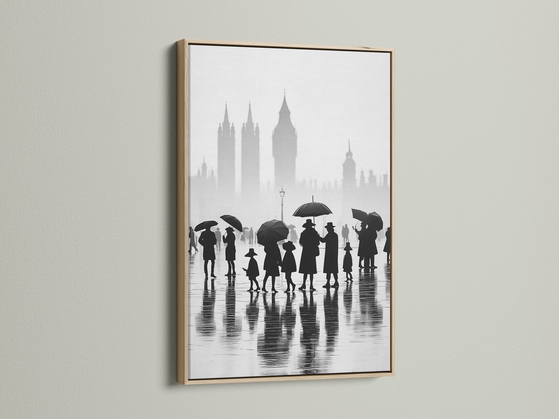 Enhance your space with our oak framed London art. This cityscape print captures a rainy day scene. The black and white art creates a minimalist feel. Perfect for urban photography enthusiasts looking for England art. Big Ben is subtly showcased