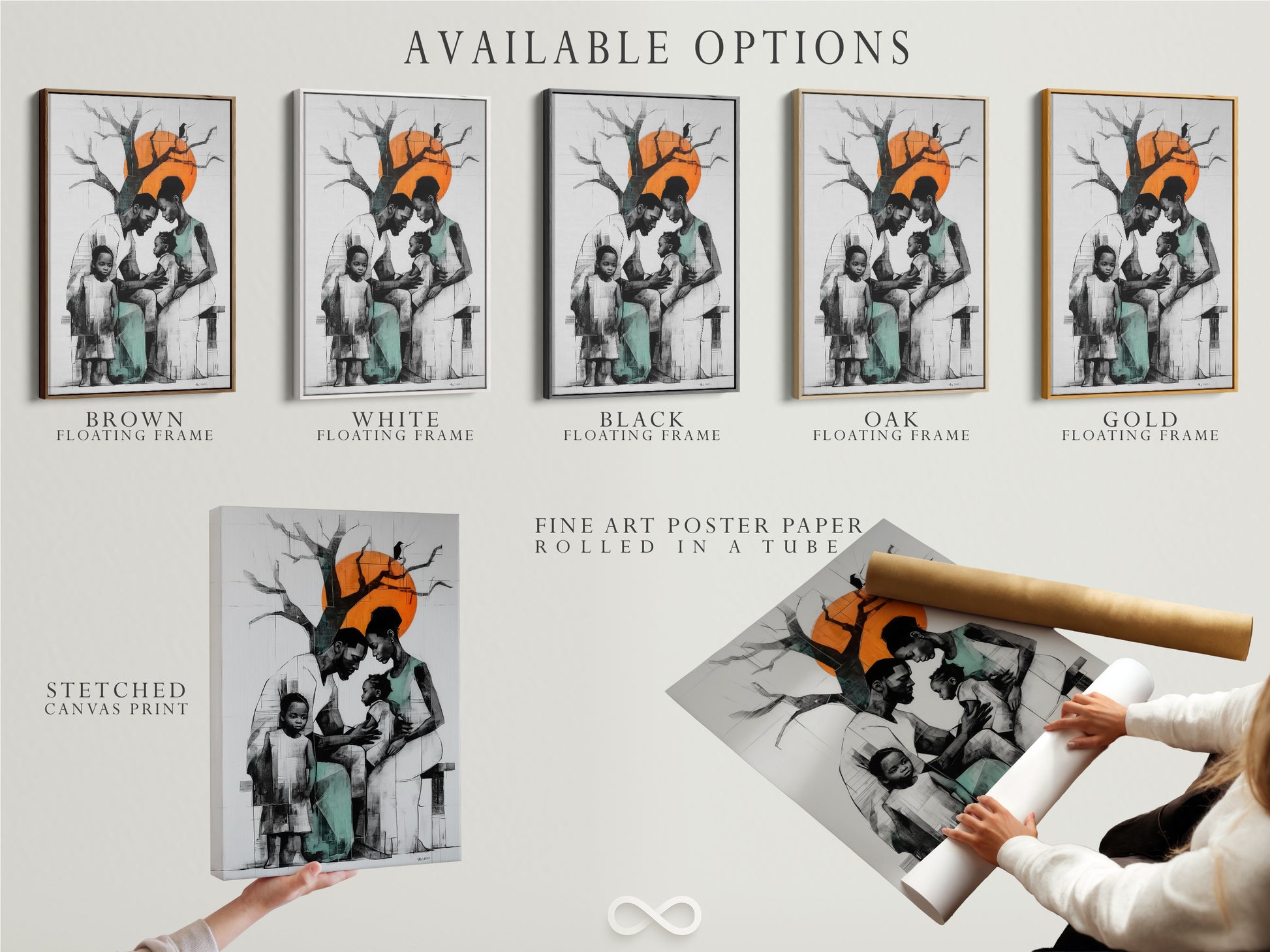 Explore the available options for this modern family artwork. Choose from a stretched canvas print fine art poster paper or floating frame. Customize your artwork to match your style. Each option offers a unique look and feel.