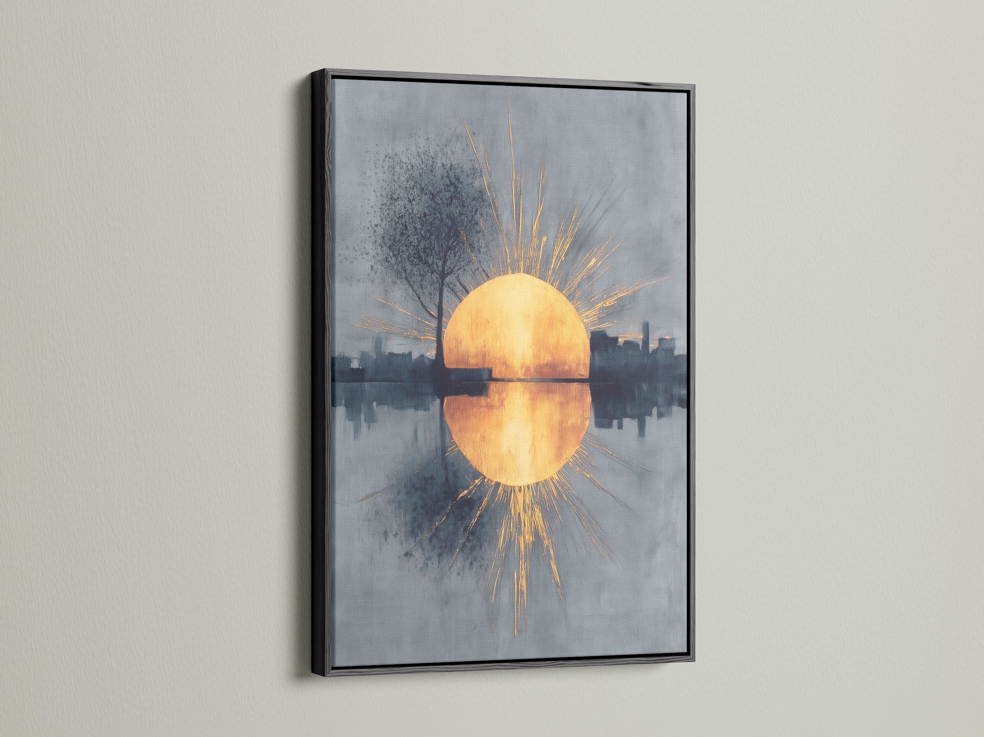 The sunrise reflection art is framed in sleek black. The contrast enhances the golden sun and abstract cityscape. This modern wall art makes a bold statement. It is perfect for urban art lovers and collectors seeking refined pieces.