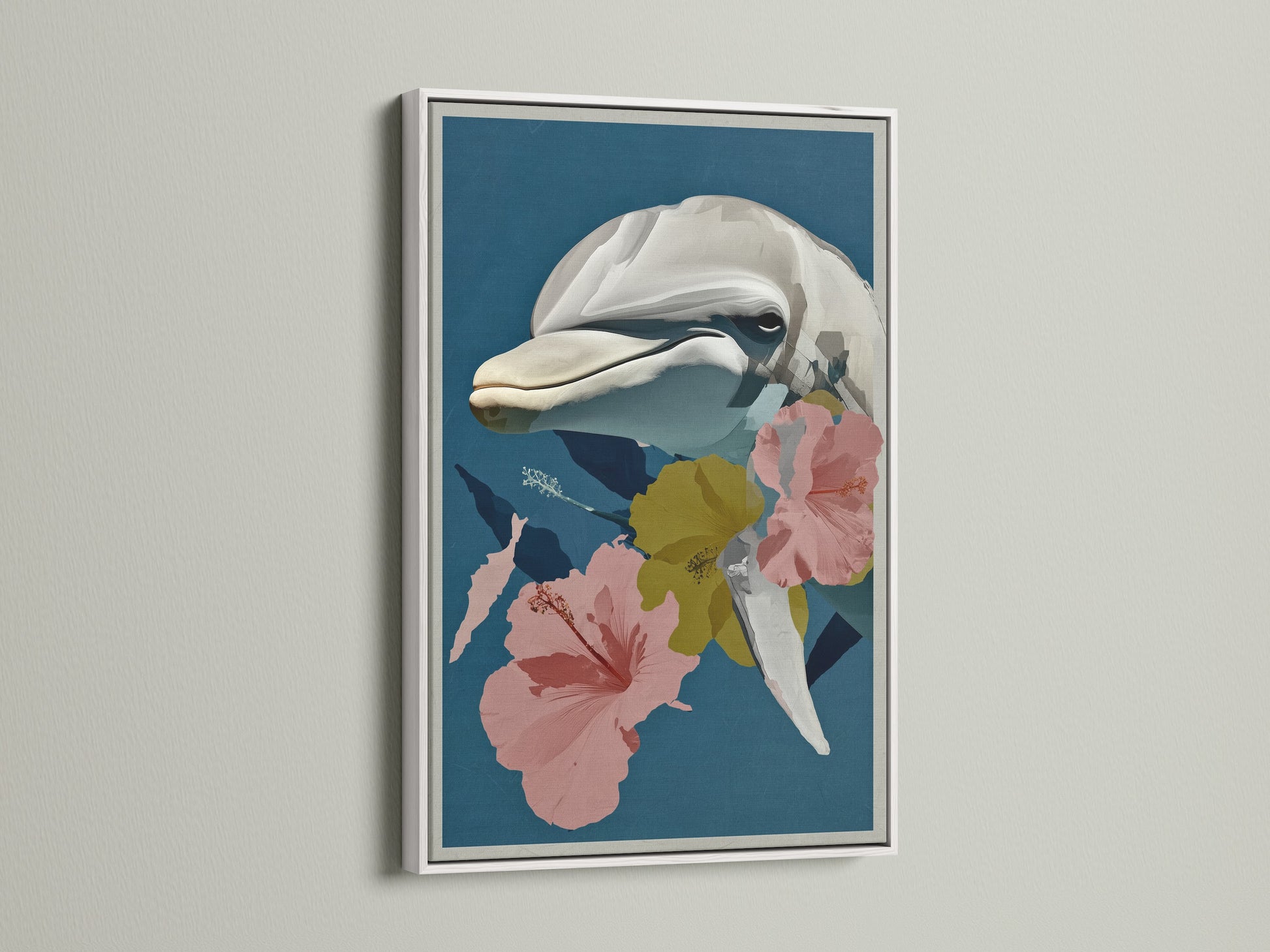Whale botanical art print in a white frame. The tropical wall art is perfect for adding a touch of the ocean to your home. The sea life artwork features a whale and hibiscus flowers.