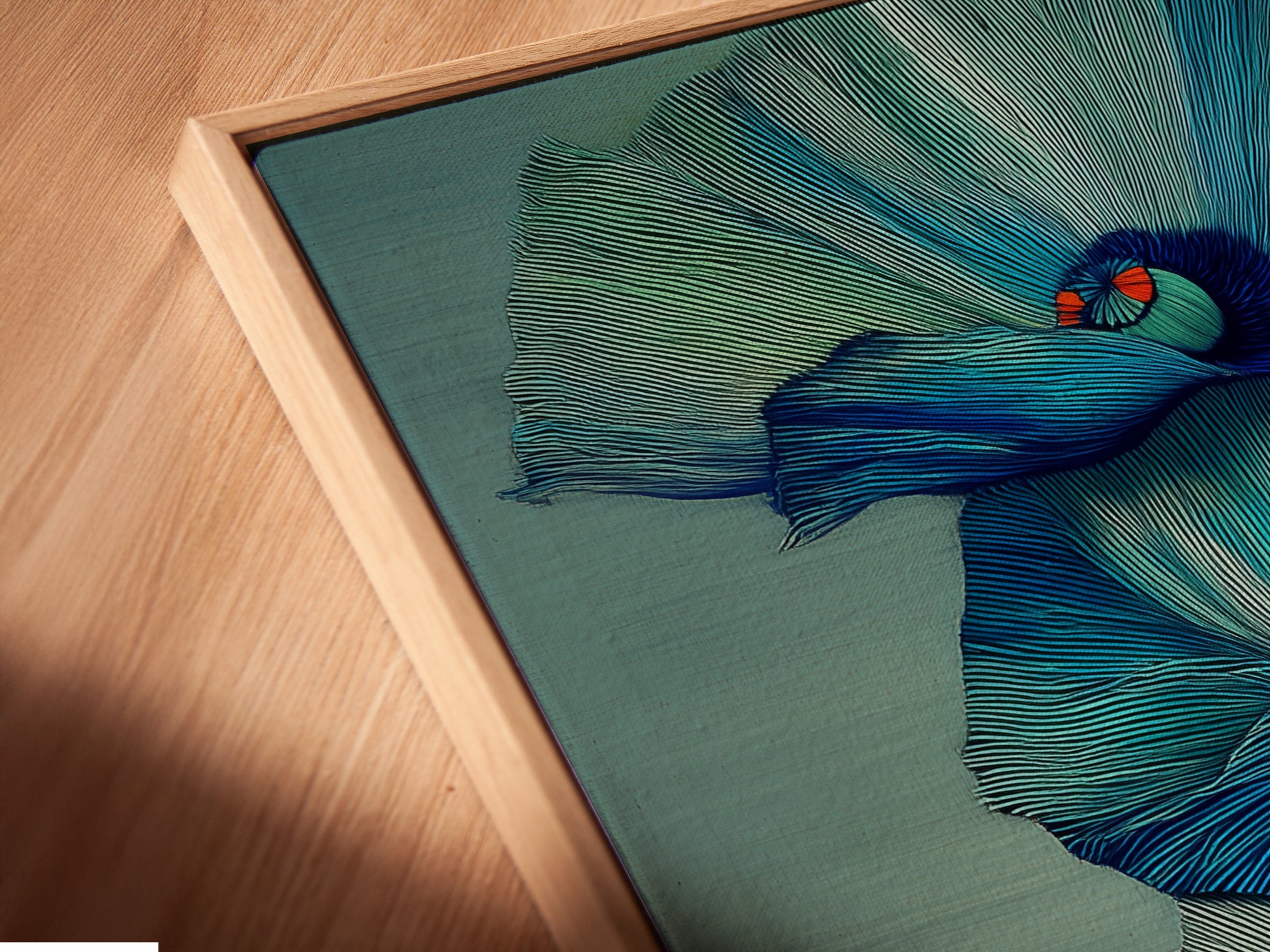 A close-up of a canvas print in a floating frame. This modern botanical artwork enhances any room. The frame adds depth and sophistication. Shop our collection of fine art prints and elevate your home decor.