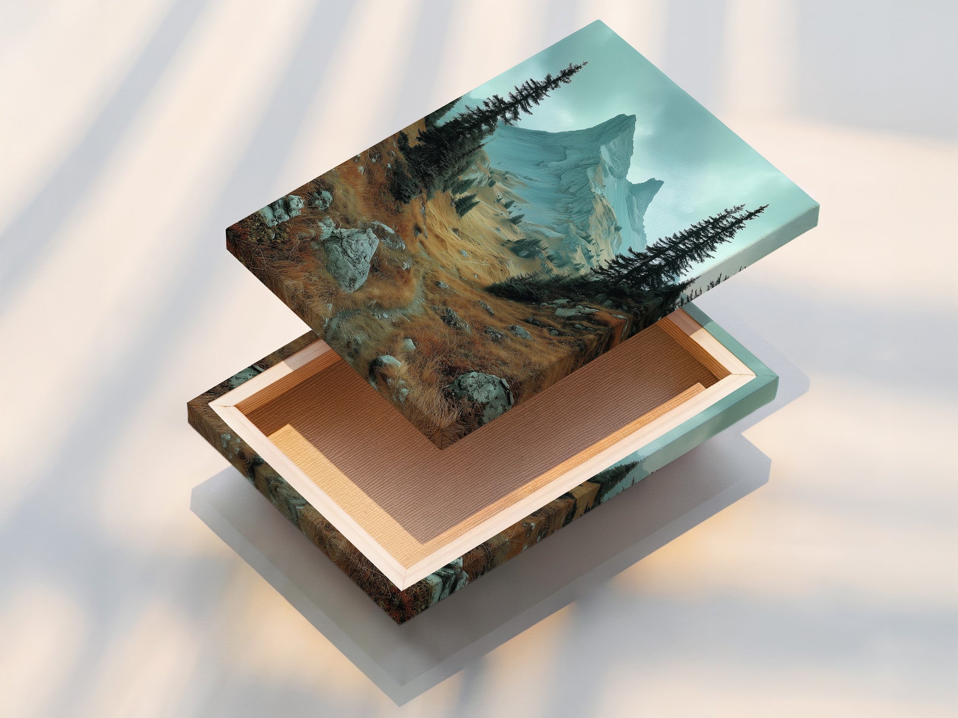 Stretched canvas print featuring mountain landscape artwork. This alpine valley wall art is ready to hang. It is perfect for adding nature photography to your home. The stretched canvas print enhances the earth tones. It is ideal as rustic wall decor.