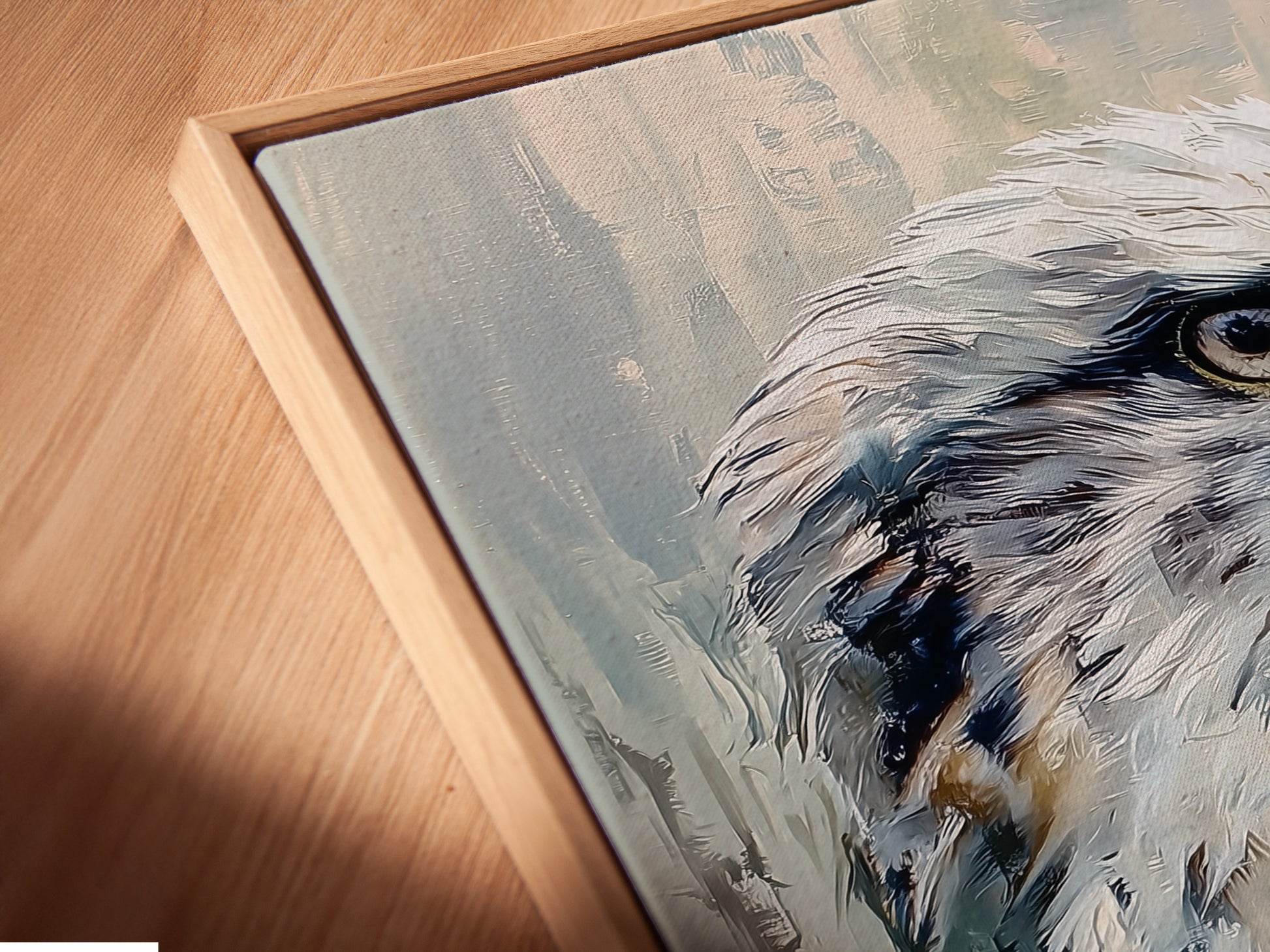 Angled close up of a canvas print. The print is showcased in a floating frame. Floating frames give a modern look. They create depth and dimension. Transform your art with this frame.