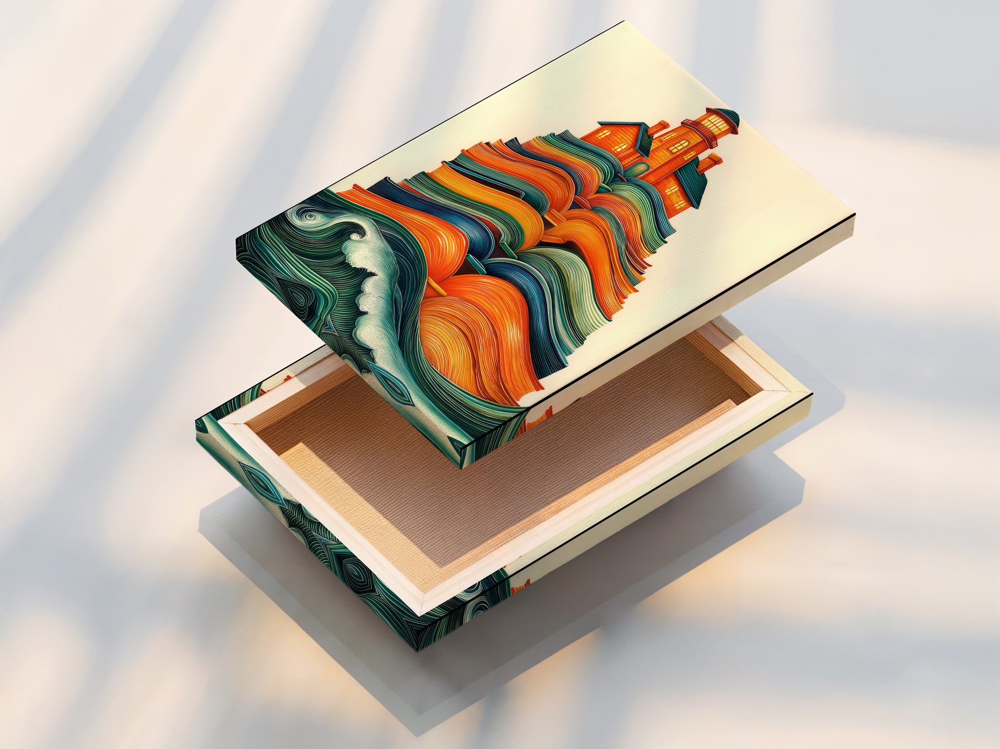 A stretched canvas print of the Lighthouse on Books artwork. Ready to hang and enjoy. The stretched canvas brings the colors to life. Perfect for adding a coastal touch to your home decor.