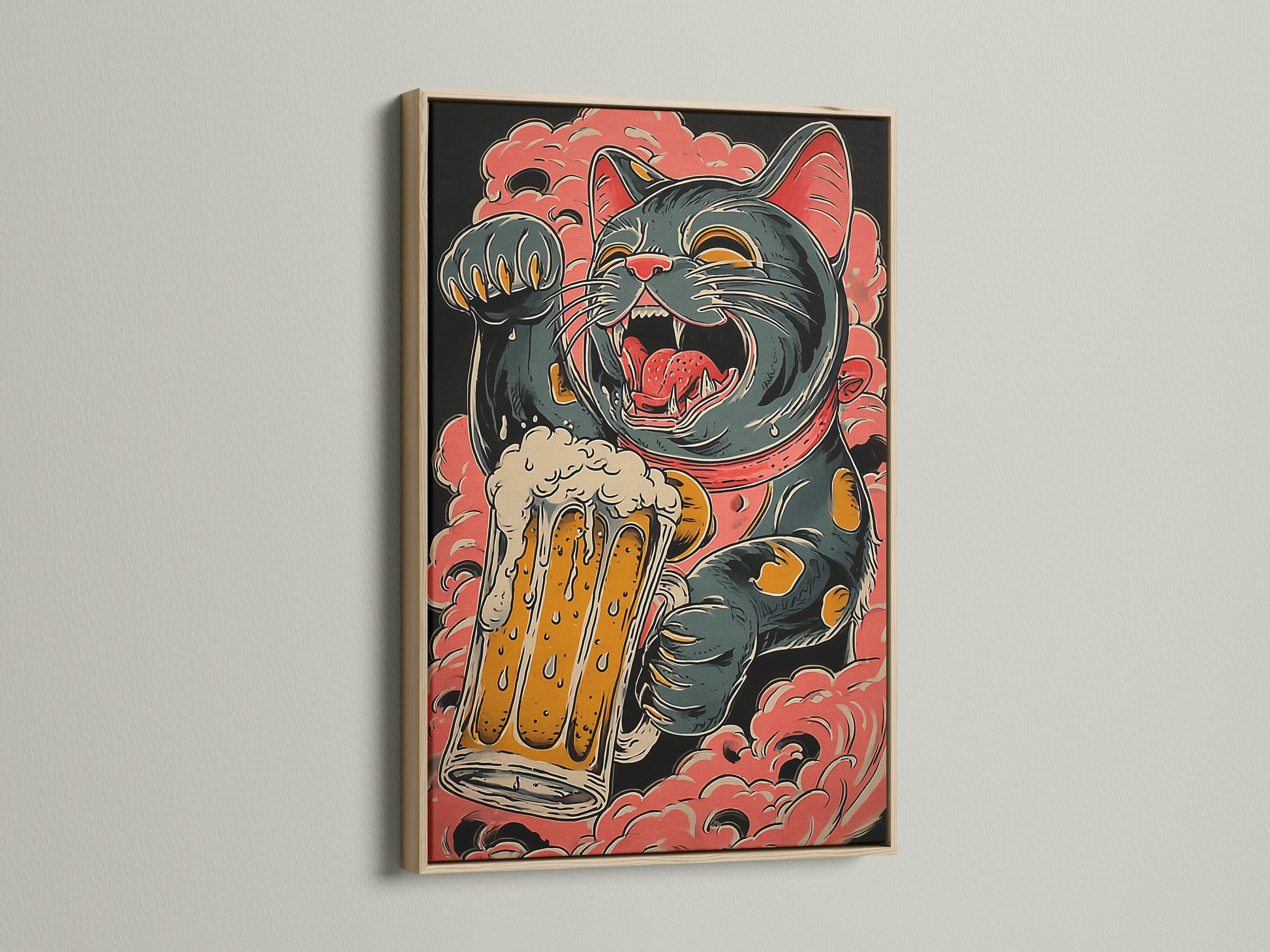 A captivating artwork in an oak frame is displayed. The artwork features a cat holding a beer mug. Its the perfect addition to your home. Get yours today!