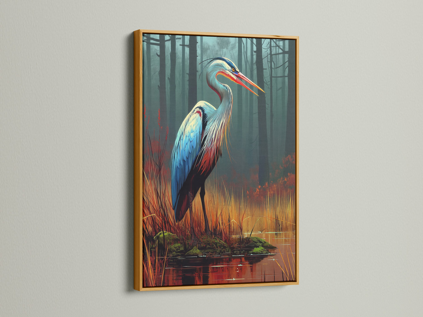 Admire a heron canvas print beautifully displayed in a gold frame. This teal and orange bird artwork adds a touch of sophistication. Perfect for modern and eclectic decor styles. Enhance your space with nature inspired artwork. Explore bird lover gifts and wetland art.
