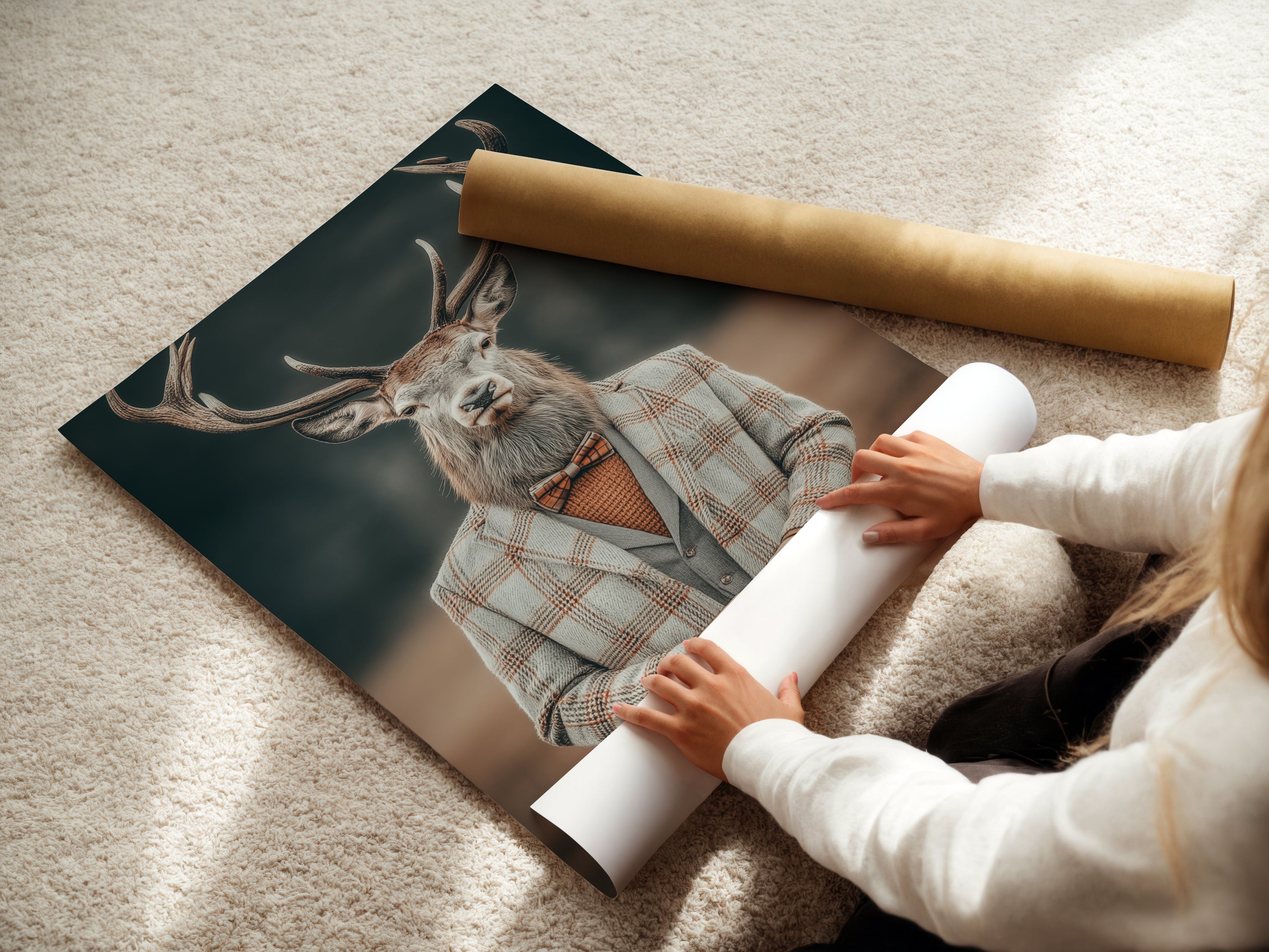 A woman carefully rolls a fine art poster paper of the Gentleman Deer. The animal portrait art is ready for framing. This vintage wall art is perfect for any space. The quirky decor adds a unique touch. High-quality materials ensure a lasting piece of art.