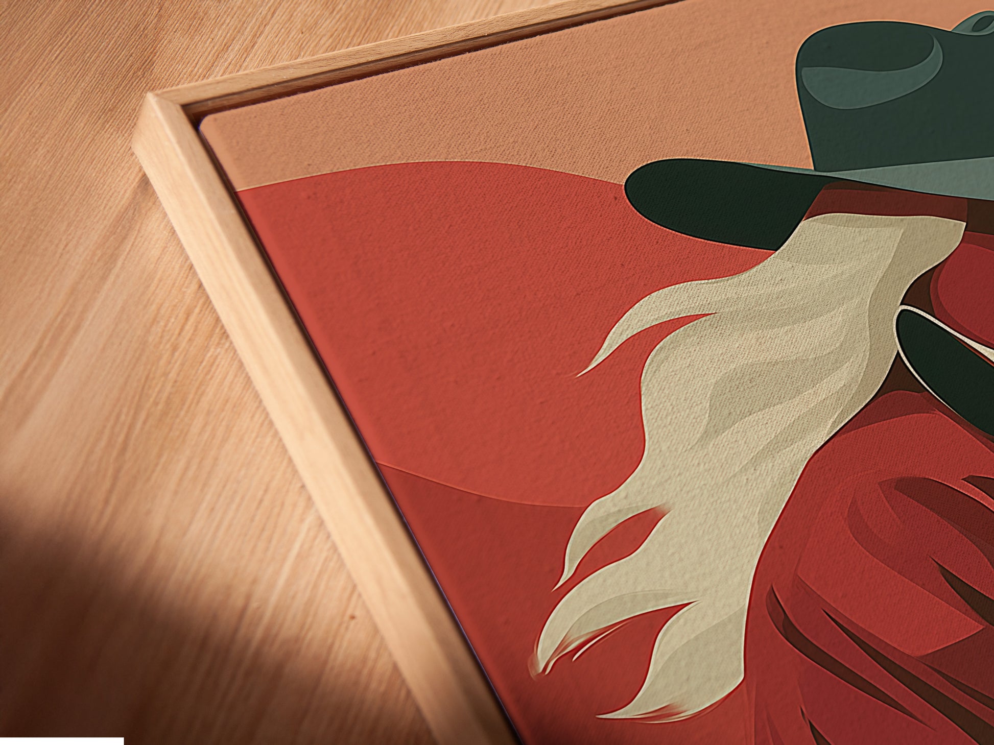 A close-up shows a canvas print in a floating frame. The floating frame gives a modern gallery look. The artwork seems to float. This adds depth and sophistication. Perfect for contemporary interiors. Explore floating frame options.