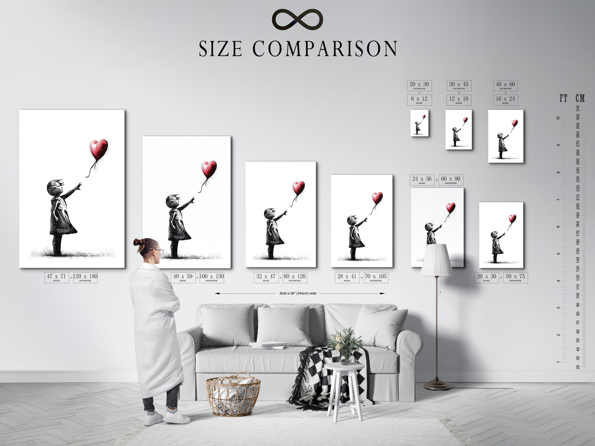 See our size comparison chart in a styled interior. This chart helps you visualize the perfect art size. See how different sizes look in a real room setting. Choose the ideal dimensions for your space. This ensures your art complements your decor. Find the perfect fit for any room.