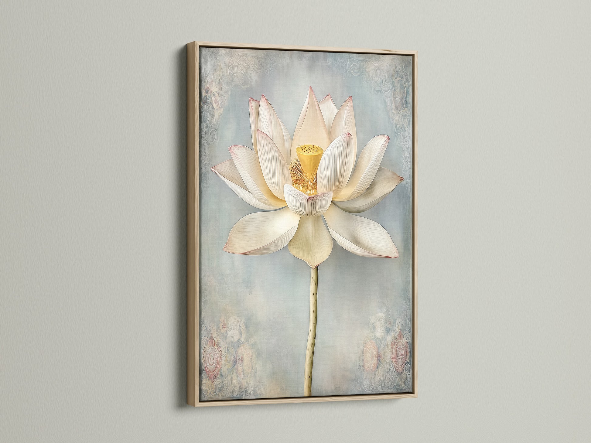 Lotus Flower artwork in an oak floating frame. Modern botanical artwork for minimalist and scandinavian styles. Calming zen wall art is great for living rooms bedrooms yoga studios spas and wellness centers.