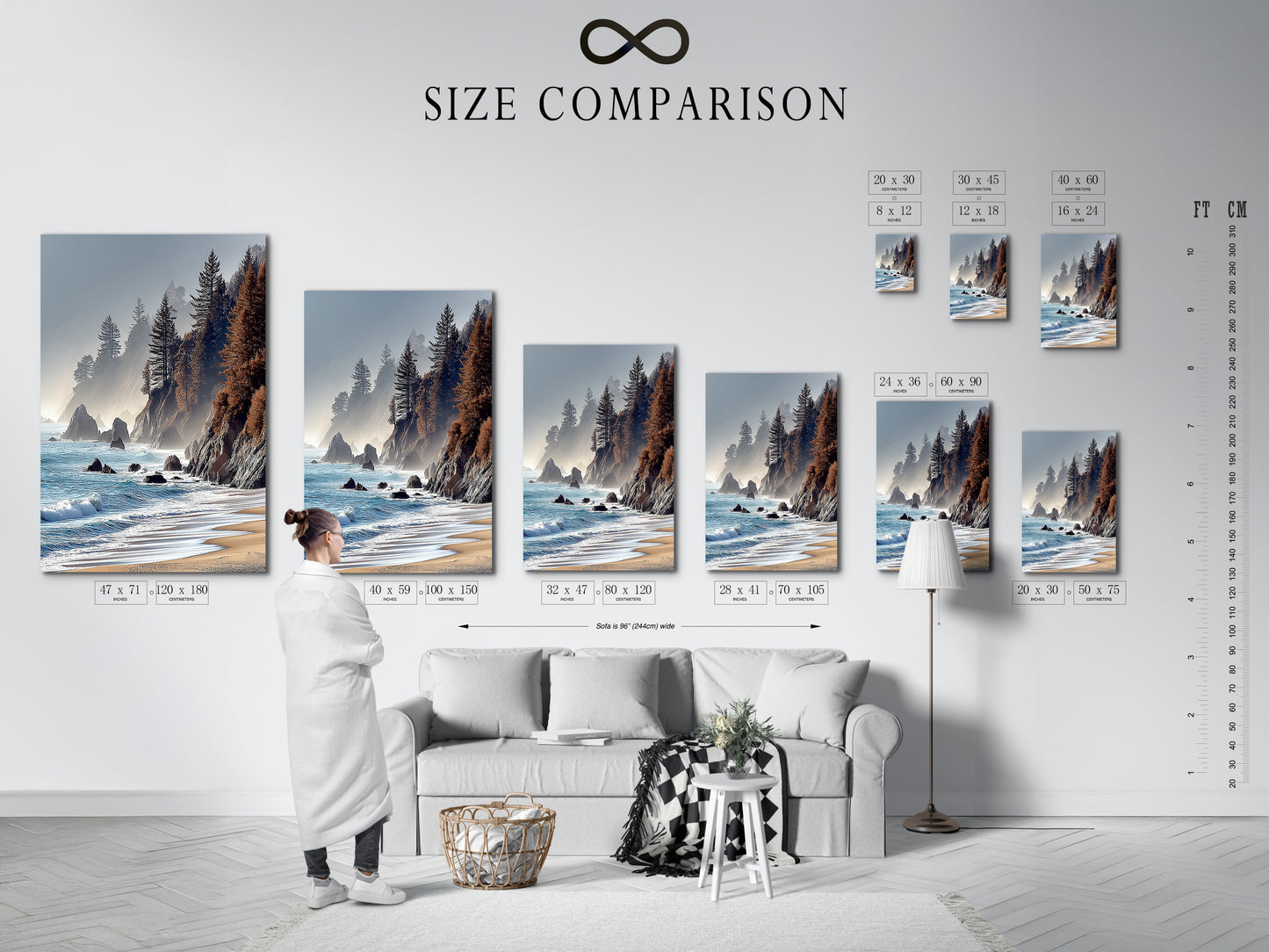 Size comparison chart displayed in an interior setting featuring coastal scenery artwork.  Visualize the perfect size for your space with this helpful chart. Choose the ideal dimensions to complement your home decor.  Find the perfect fit for your living room bedroom or office