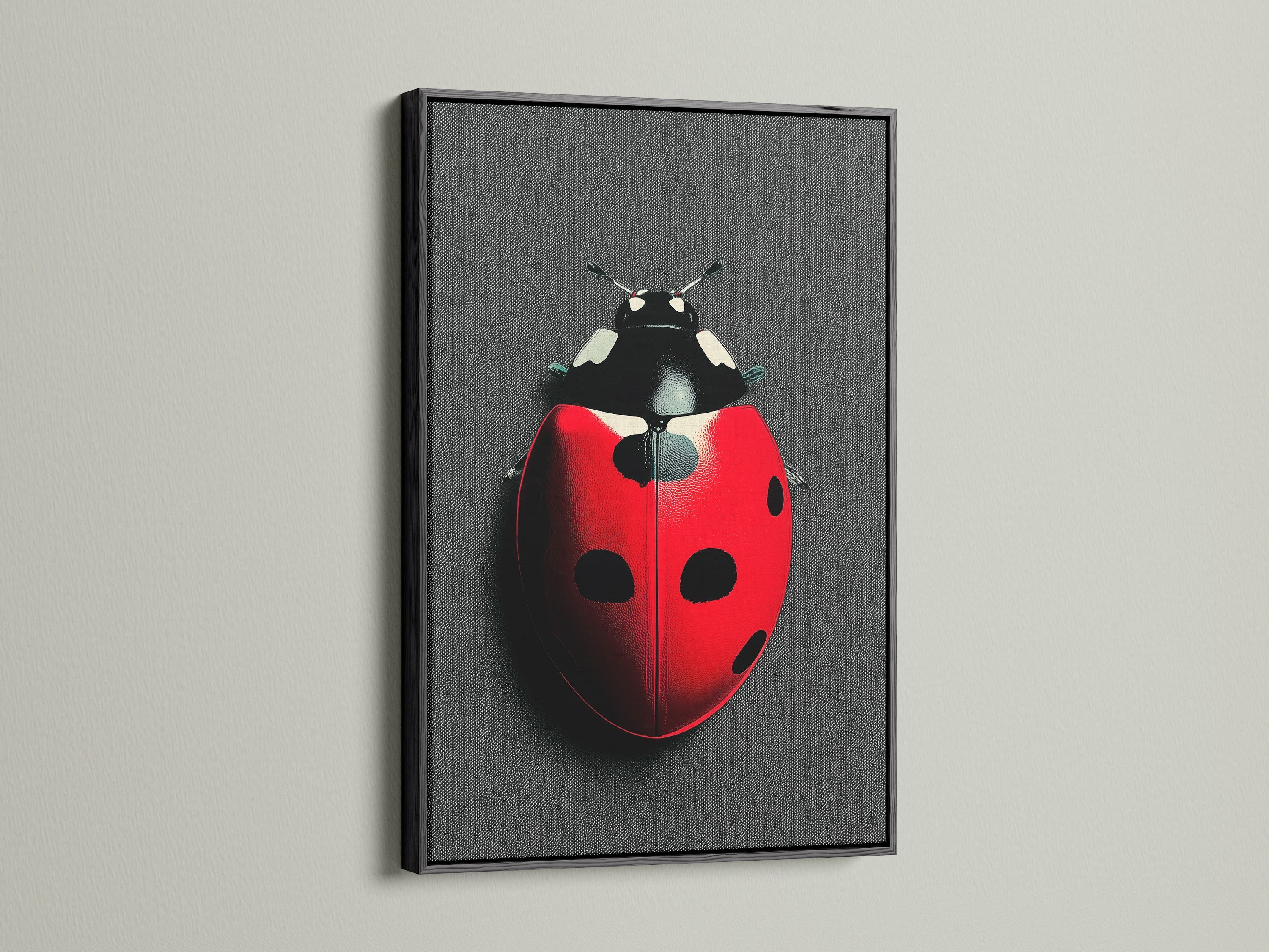 Ladybug art showcased in a sleek black frame. The red and black insect canvas is a standout piece. This beetle print is perfect for adding a pop of color to minimalist or Scandinavian styles. Elevate your space with this unique bug wall art.