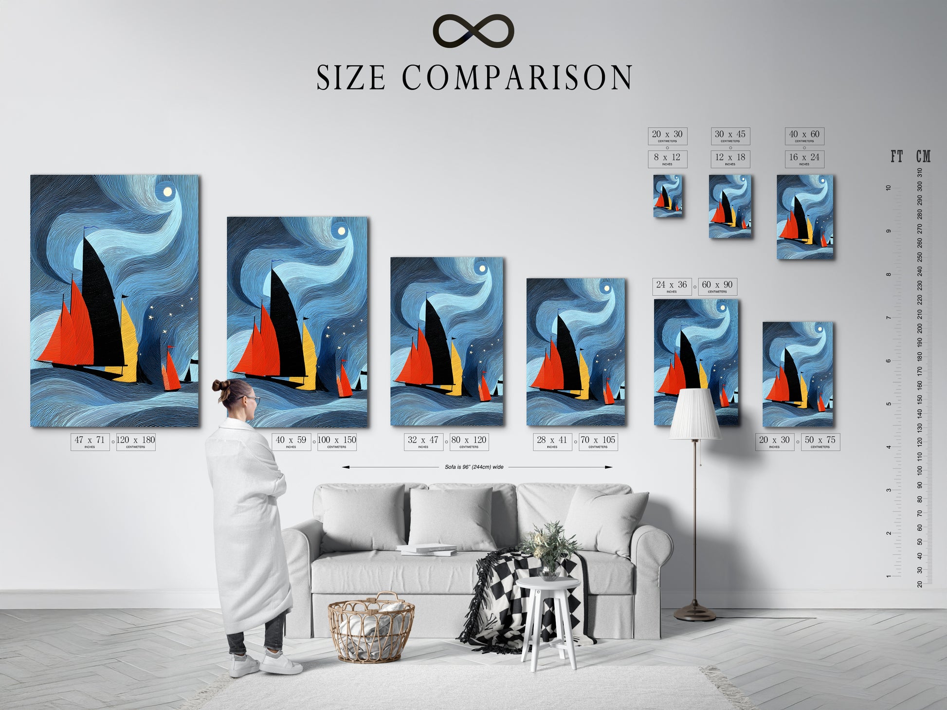 Size comparison chart displayed in an interior setting showcasing the various sizes available for this sailboat artwork. Visualize the perfect fit for your space with our range of stretched canvas prints and fine art poster papers.