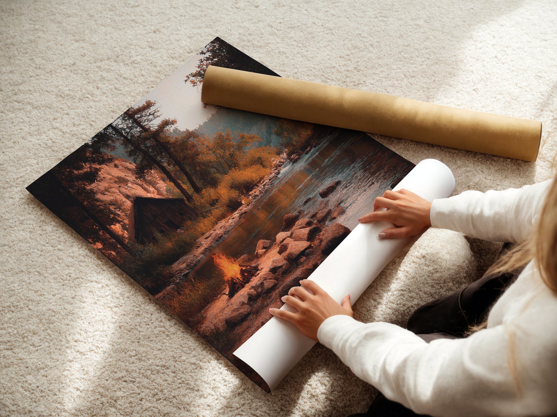 A woman is carefully rolling a fine art poster paper. The poster paper is of high quality. She is preparing it for framing or display. This highlights the care in handling fine art prints. The poster is handled with precision.