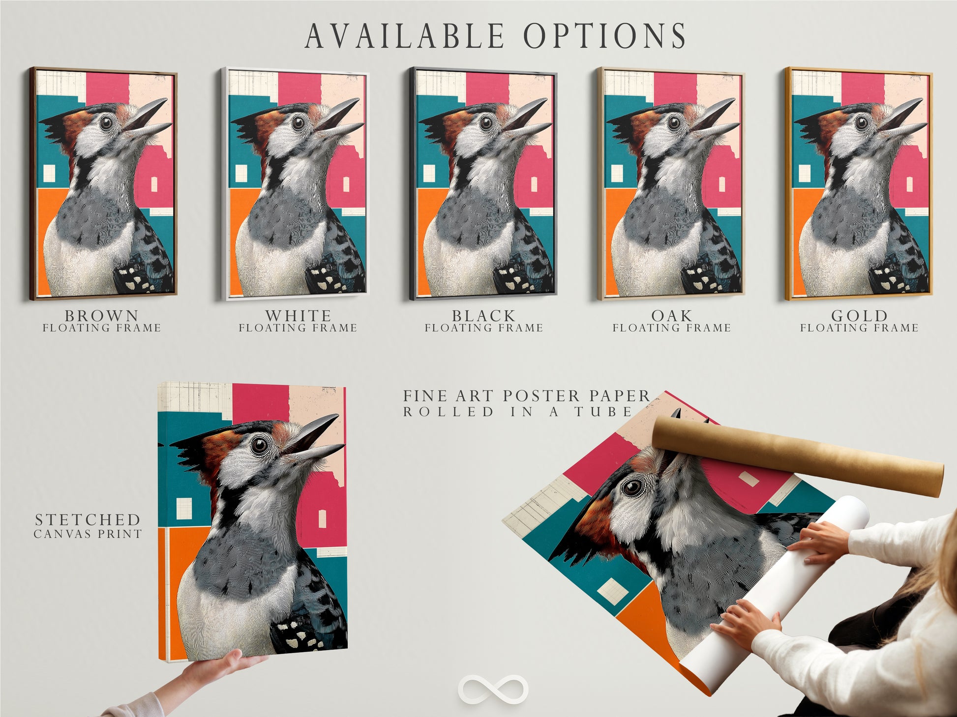 Available options of a retro Woodpecker bird artwork. Geometric style gives study room and office a touch of nature. Available in stretched canvas print fine art poster paper and floating frame. Bird canvas art is perfect for birdwatching gift. Nature artwork and ornithology art.