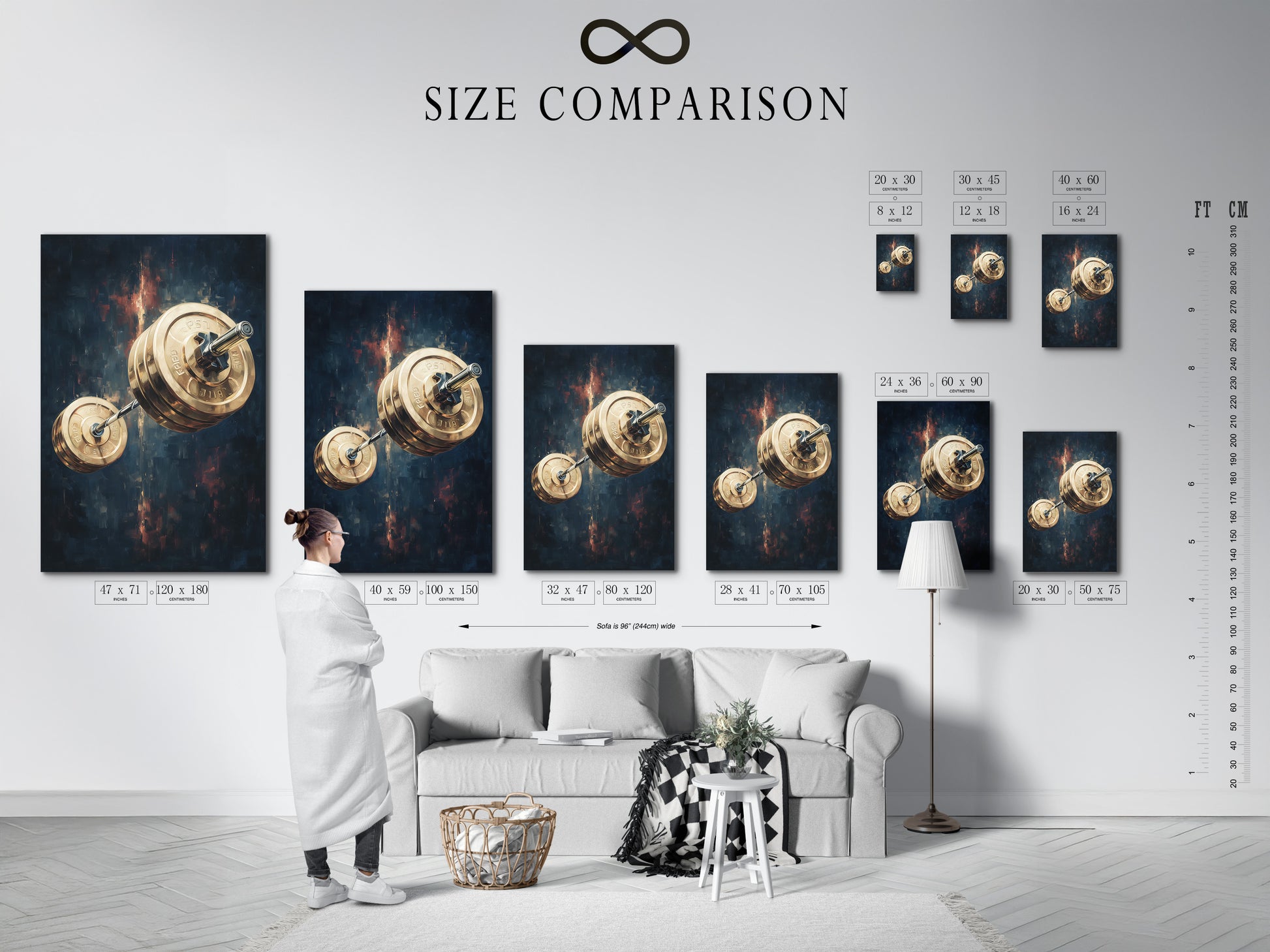 Size comparison chart displayed in an interior setting. Helping you visualize barbell weights art. See how our fitness wall decor fits your space. Choose the ideal size for your gym canvas print.