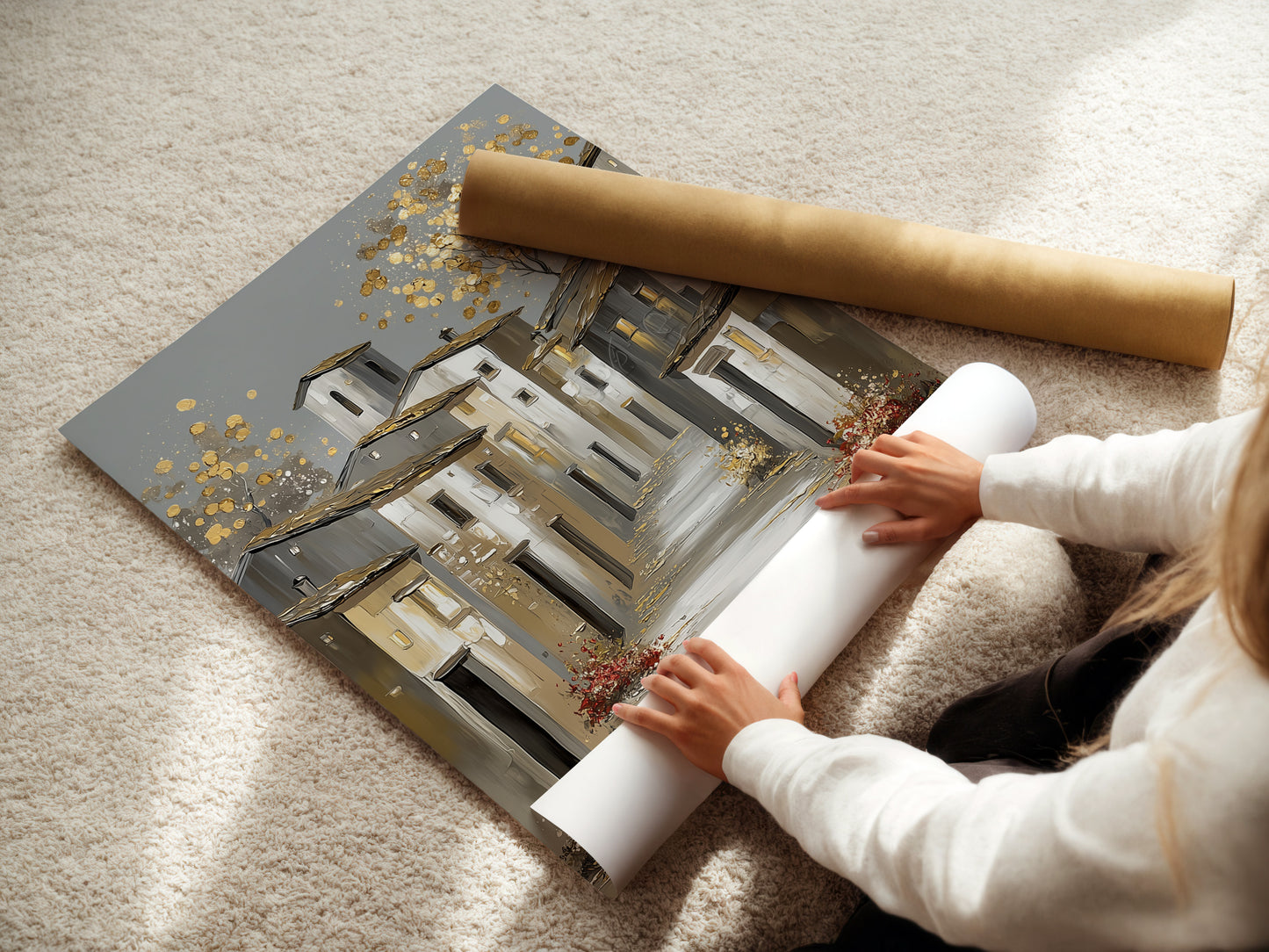 A woman is carefully rolling a fine art poster paper. The fine art poster paper ensures high quality prints. It showcases artwork with exceptional clarity. Perfect for preserving and displaying art.