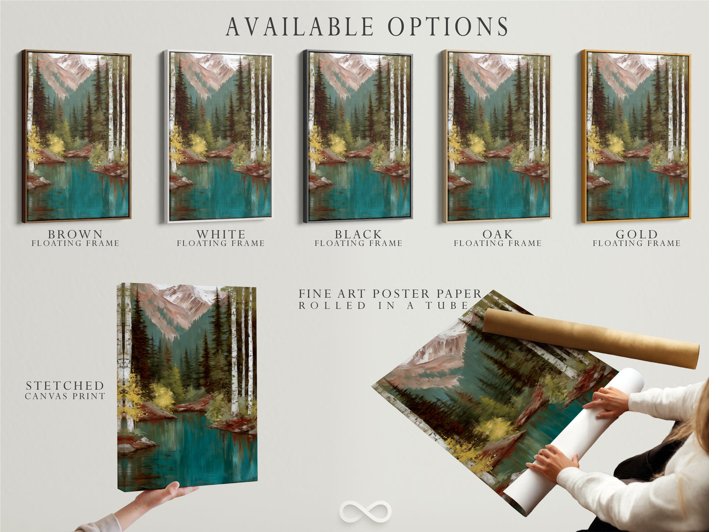 Available options for the Mountain Lake artwork: stretched canvas print fine art poster paper and floating frame. The artwork features a teal lake with a forest and mountains. Choose the perfect format to suit your style and decor needs. Bring nature's beauty into your home with this stunning piece.