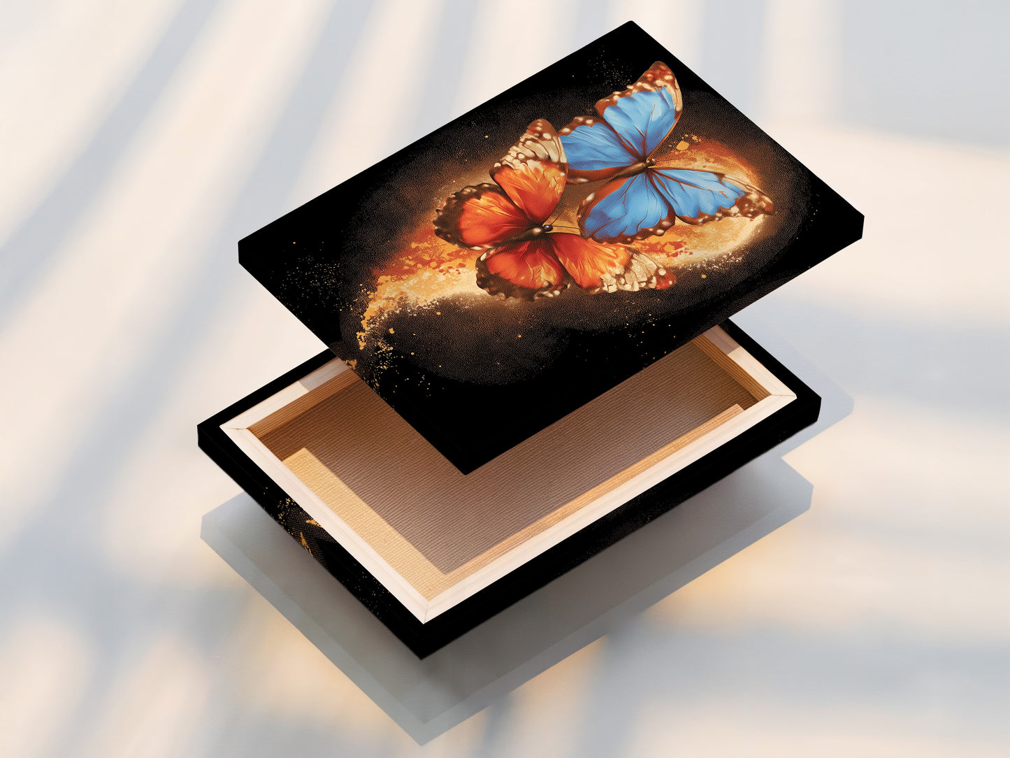 This is a stretched canvas print of the butterfly artwork. The blue and orange insect print wraps around the frame. The modern artwork is ready to hang adding instant style. Perfect for interior designers.