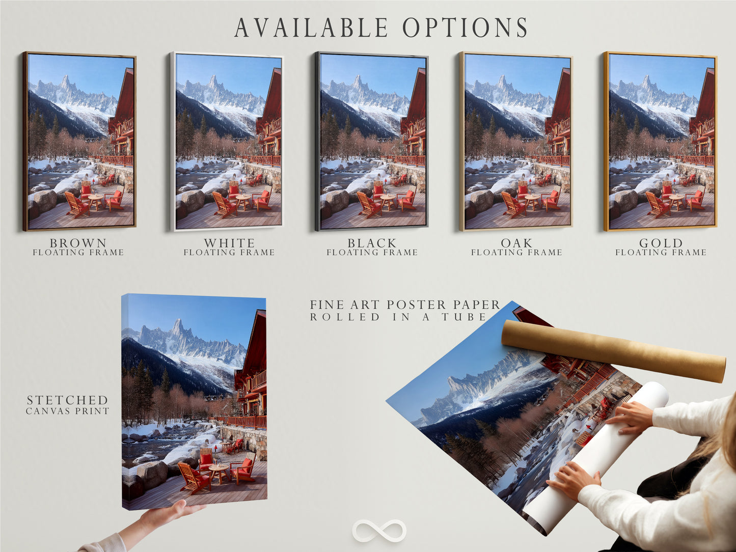 Available options are displayed for mountain chalet artwork. Choose from stretched canvas prints fine art poster paper or floating frames. The snowy Alps landscape is perfect for rustic decor. Enhance your space with this lodge artwork for cabin decor.