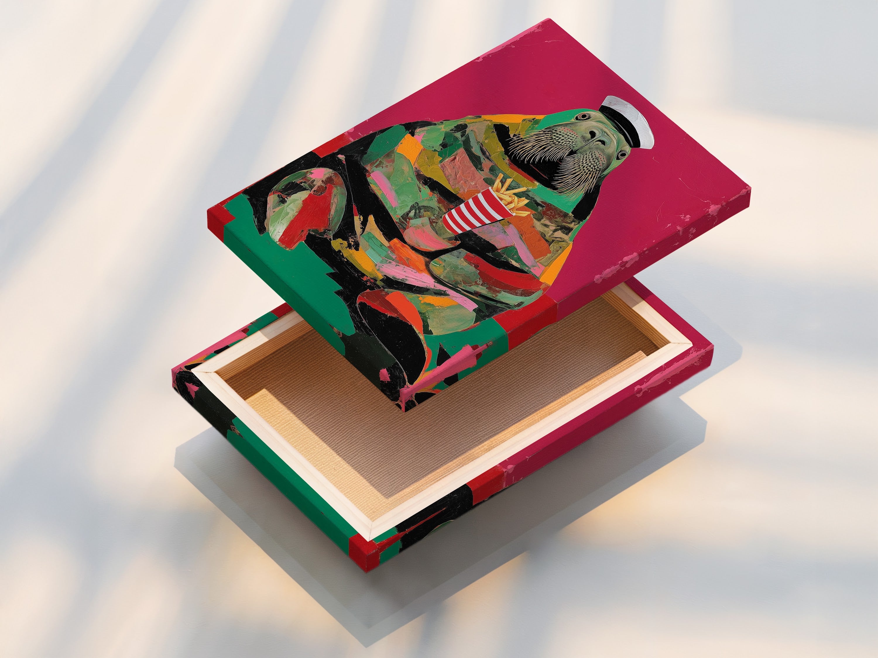 The stretched canvas print of the walrus art. Display the vibrant colors and funny animal print easily. A perfect piece of nautical pop art for any room. This retro wall art will stand out.