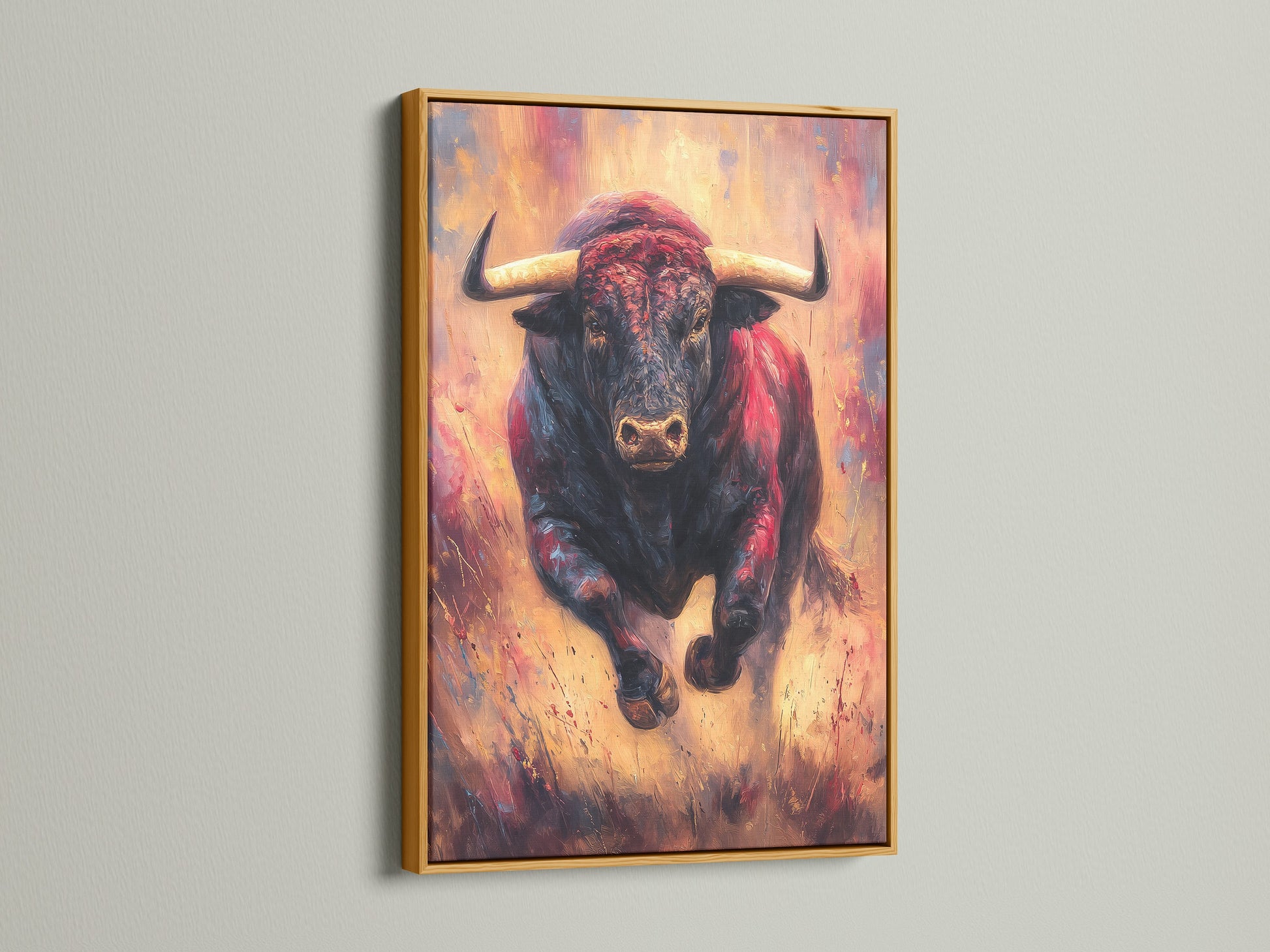 Artwork of a Bull in a gold frame. The shiny gold finish adds a touch of luxury. The artwork is displayed with elegance. Our gold frames bring a touch of glamour to any space. Make your art shine with our gold frames.