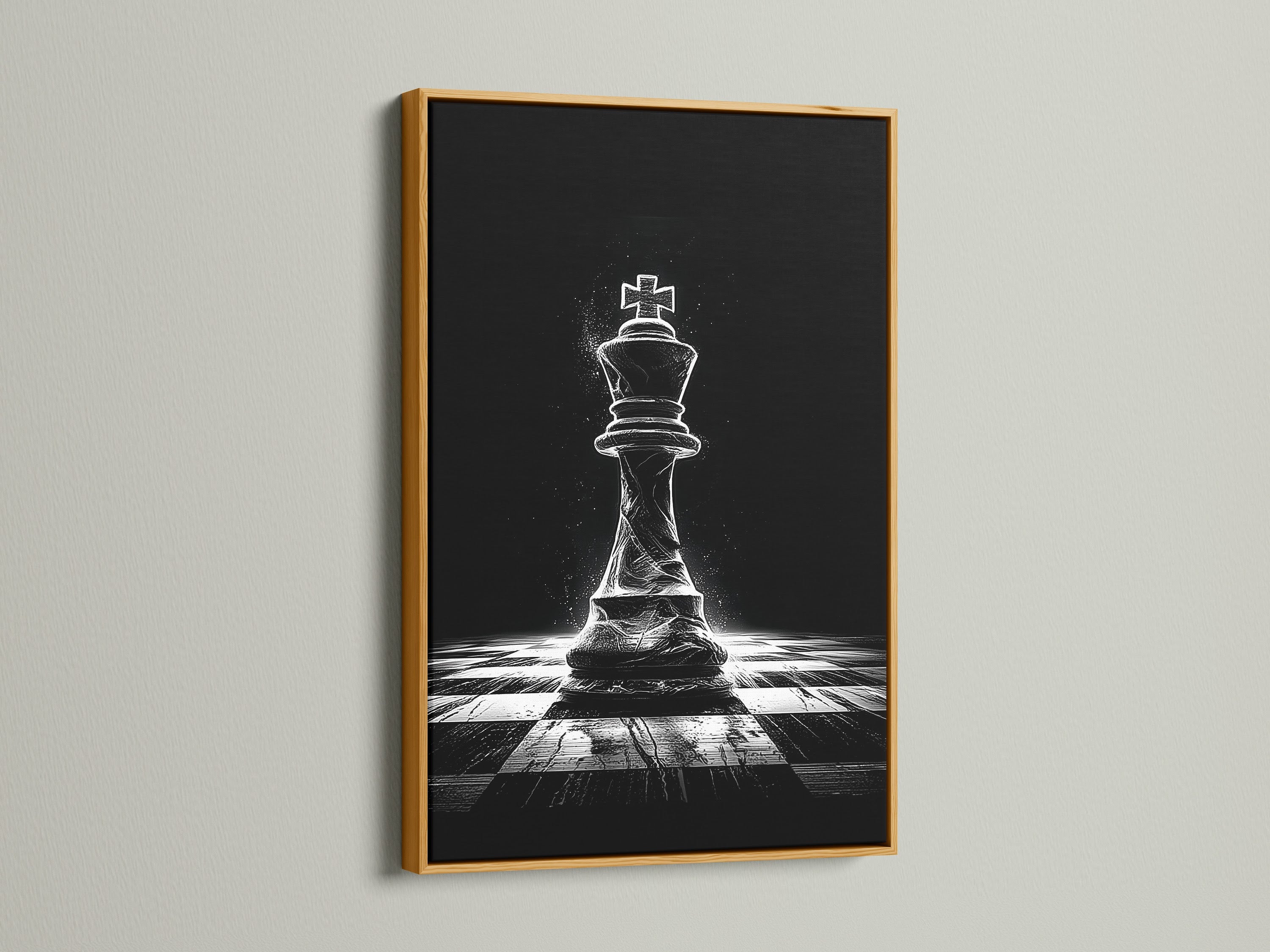 A chess king art print is presented in a gold frame. The metallic frame elevates the black and white print. This modern wall decor is suitable for studies clinics or man caves. The gold frame adds a touch of luxury.