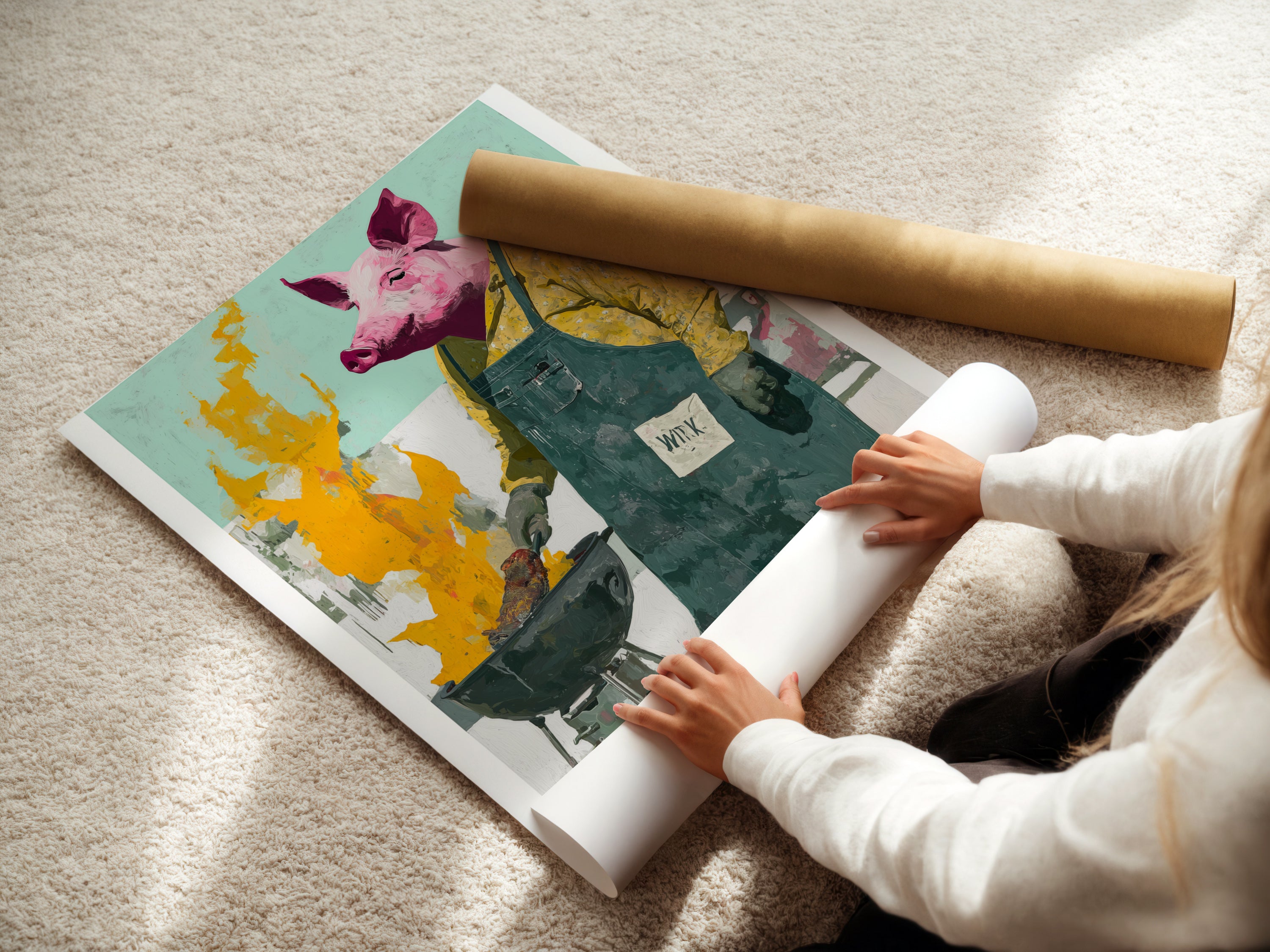 A woman is carefully rolling a fine art poster of the Pig Chef. This high-quality paper ensures vibrant colors and lasting detail. The print is perfect for framing or displaying as a poster. It's great for kitchen decor.