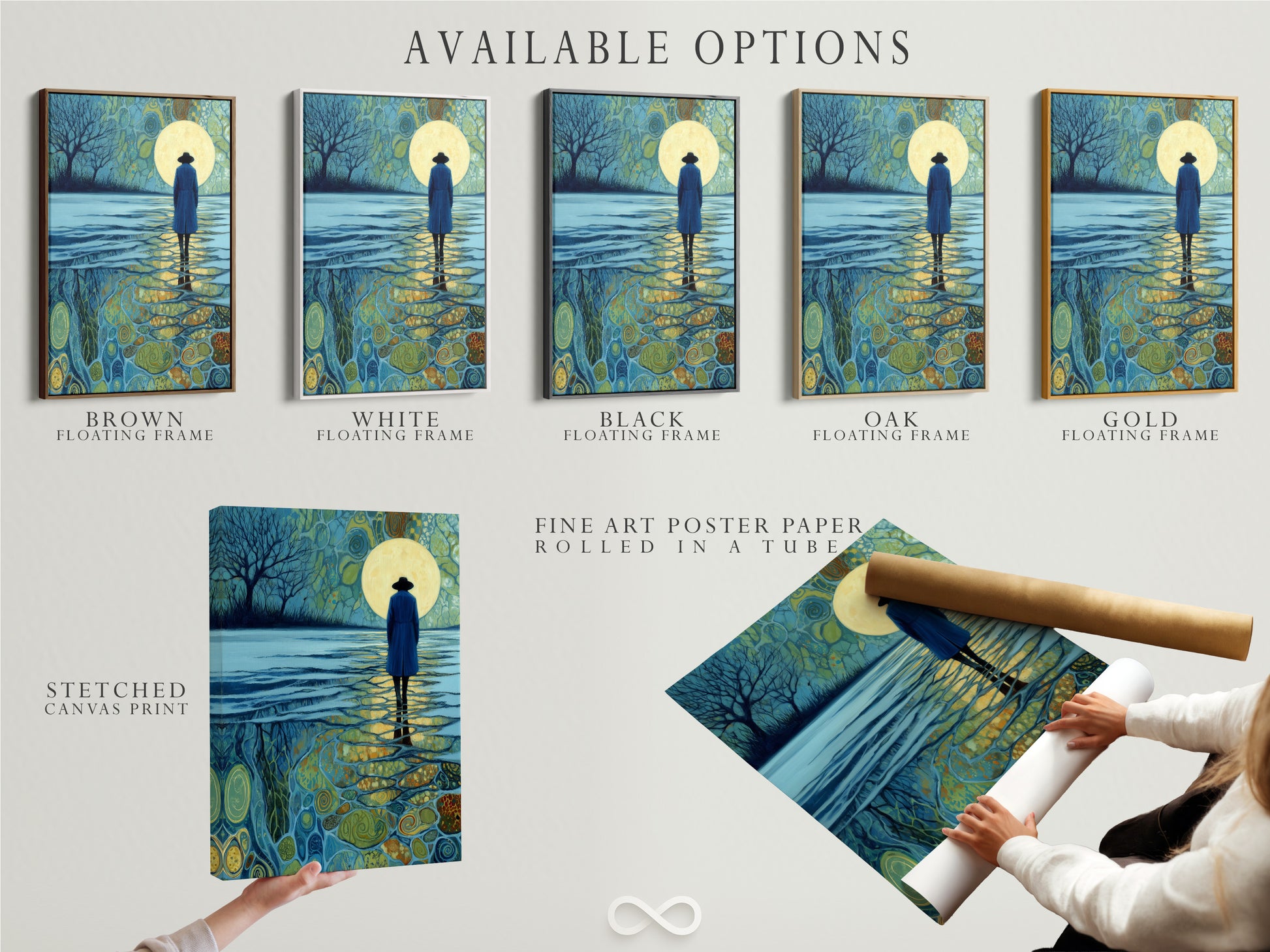 Available options for Moonlight Reflection artwork. Choose from stretched canvas print fine art poster paper or floating frame. Customize the artwork to your style. Find the perfect match for your decor. Elevate your home today.