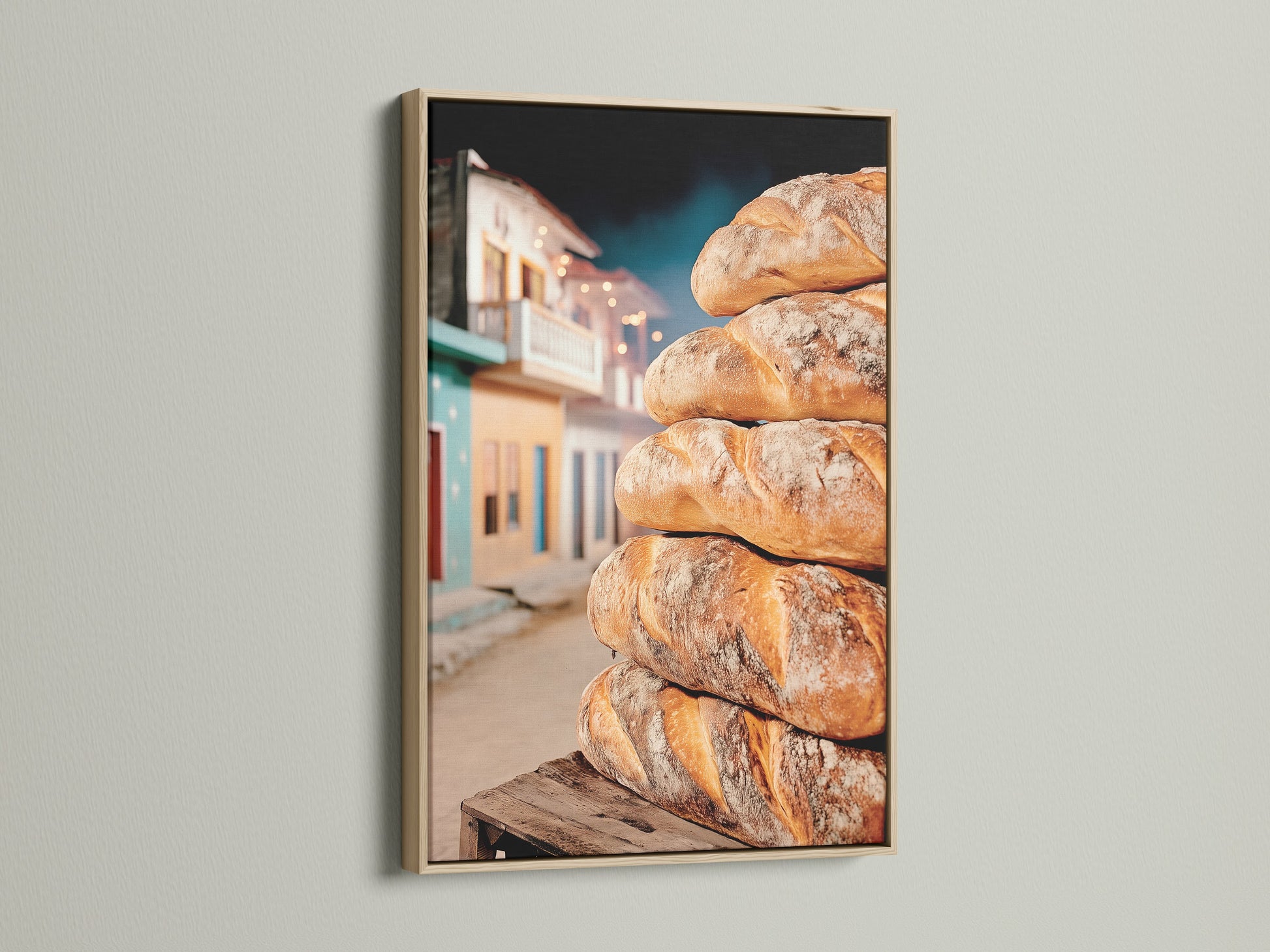 A stack of freshly baked bread is displayed inside an oak frame. This rustic bakery wall art enhances kitchen decor. It creates a warm inviting atmosphere. Perfect for food photography enthusiasts.