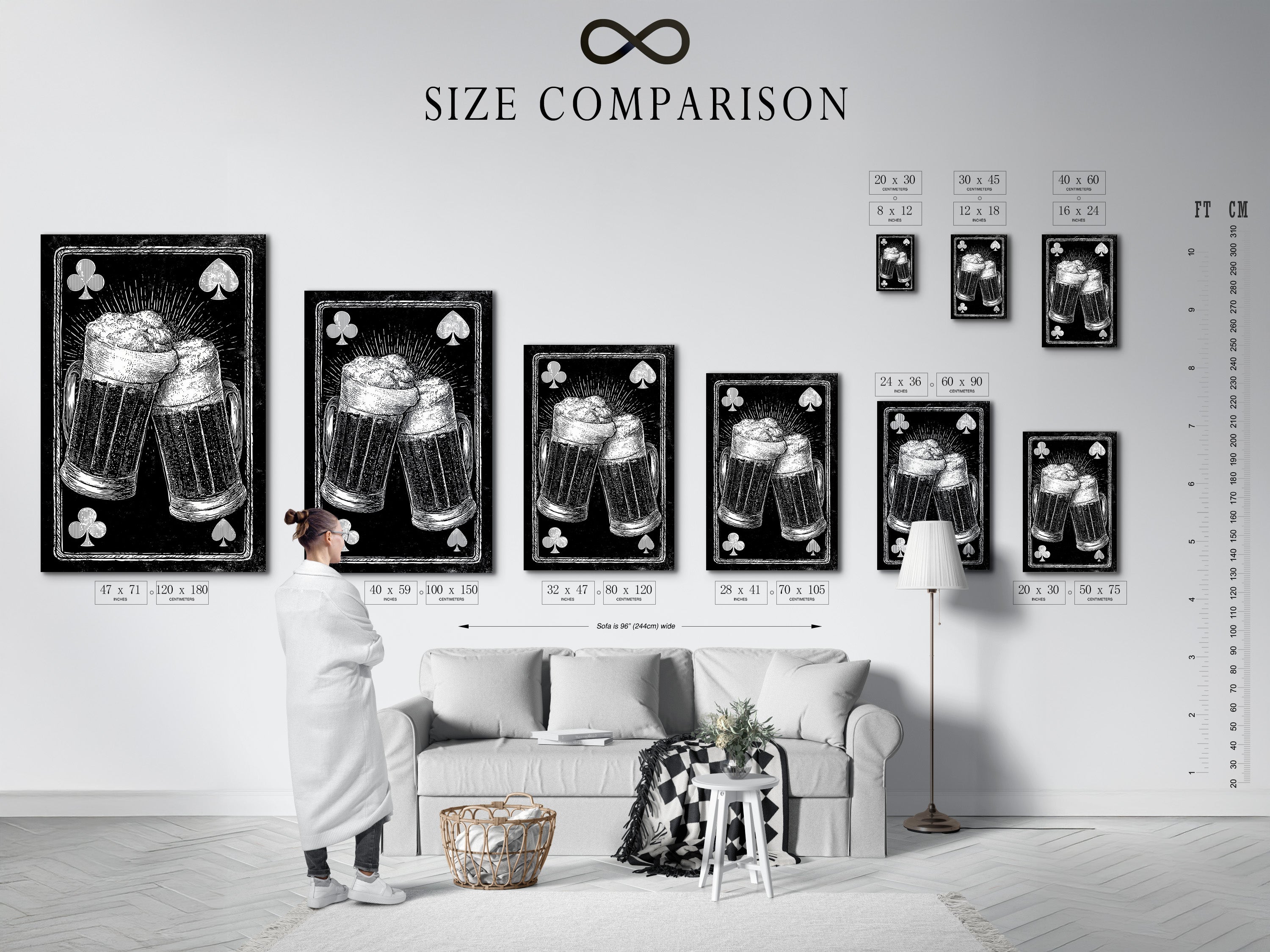 A size comparison chart is shown in an interior setting. The chart helps visualize art pieces in different sizes. It allows you to choose the perfect fit for your space. Make informed decisions for your home decor.