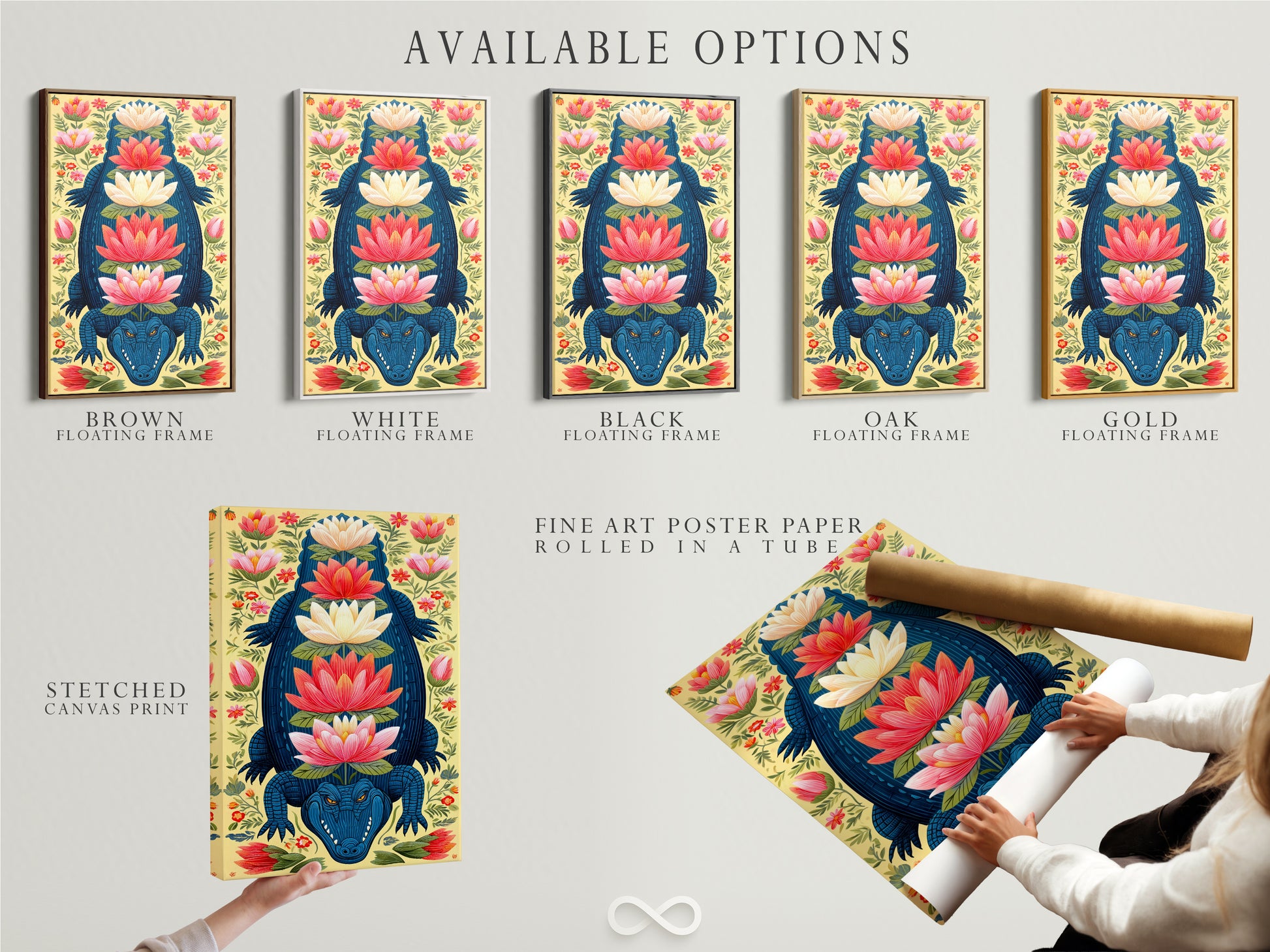 Explore available options for the Alligator artwork. Choices include stretched canvas prints fine art poster paper and floating frames. This botanical wall art features teal and coral colors. Customize your exotic artwork to match your unique style and decor needs today.