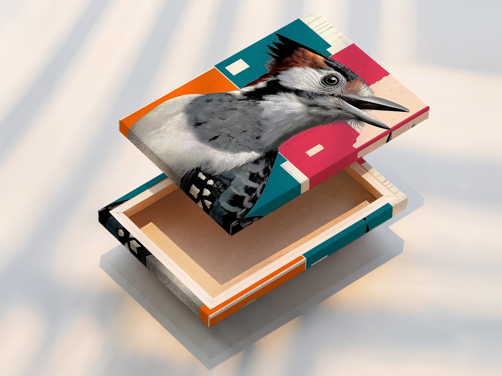 Stretched canvas print showcasing a retro Woodpecker bird artwork. Geometric style gives study room and office a touch of nature. Bird canvas art is perfect for birdwatching gift. Colorful wall art for avian art print and bird lover gift. Vintage bird art for wildlife art.