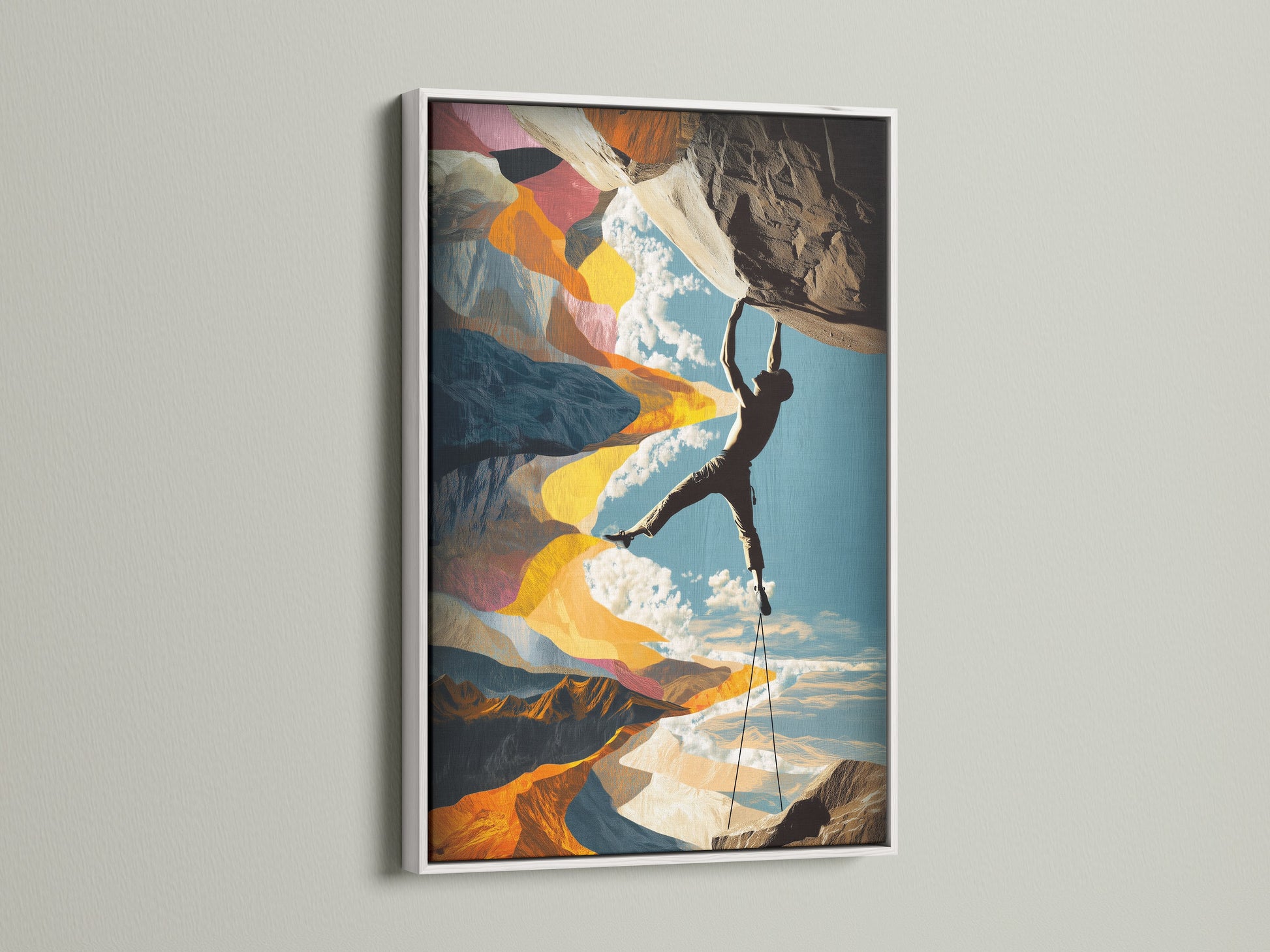 Rock climbing artwork with a white frame. The art print is perfect for mountain sports fans. The extreme sports print is a great way to show your love of the outdoors. It is ideal for your home or office