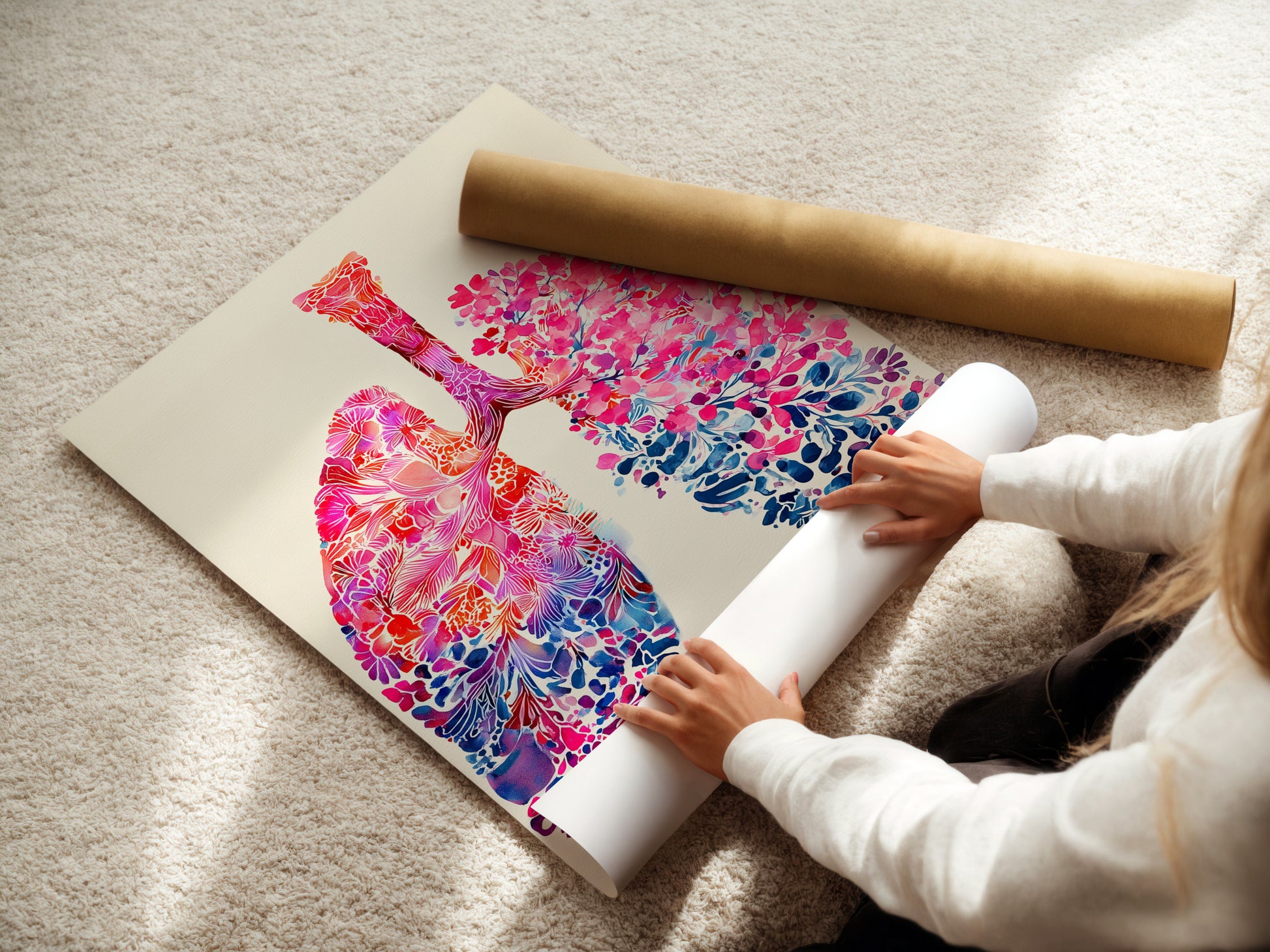 A woman carefully rolls a fine art poster paper. The fine art poster paper is of high quality. It will beautifully showcase the intricate details of the lung artwork print.