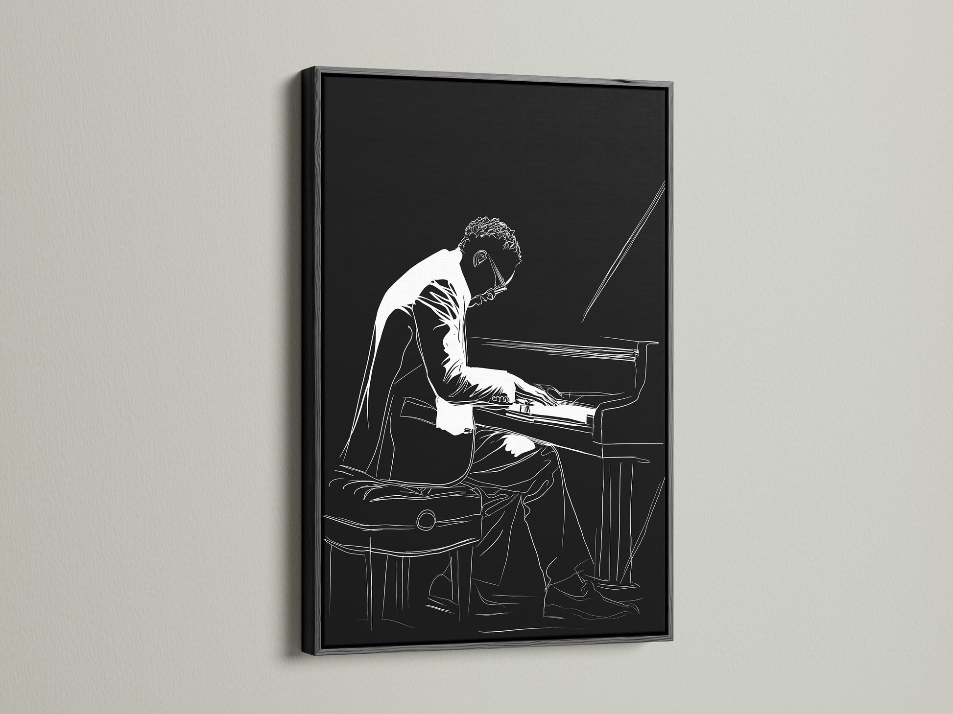 Admire this piano player artwork framed in black. The jazz musician canvas wall art makes a bold statement. Enhance your music room with black and white art. This musician canvas brings style to any space.