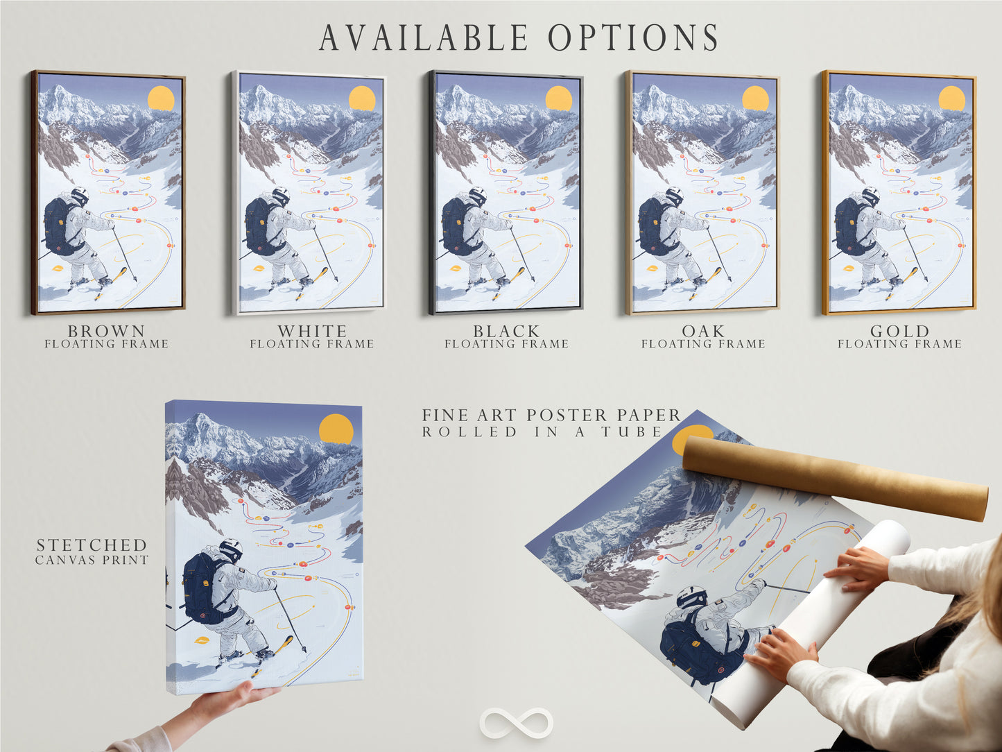 Available options for Skiing Mountain artwork. Choose from stretched canvas prints fine art poster paper or floating frames. The winter sport artwork is customizable to your preferences. Select the perfect option for your style. Elevate your decor with this versatile artwork. Ideal for modern minimalist or chalet styles.