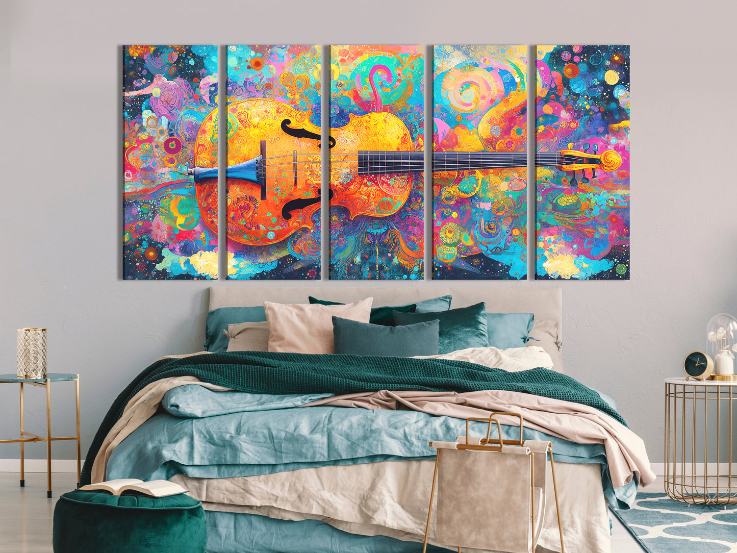 Psychedelic Cello Canvas Print – Vibrant Swirl Music Decor, Bold Colorful Boho-Style Art