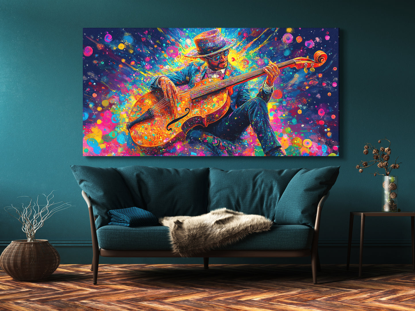 Canvasprint van een dynamische bassist – Explosieve kleurenspatmuziekdecoratie, levendige jazzfunkenergie