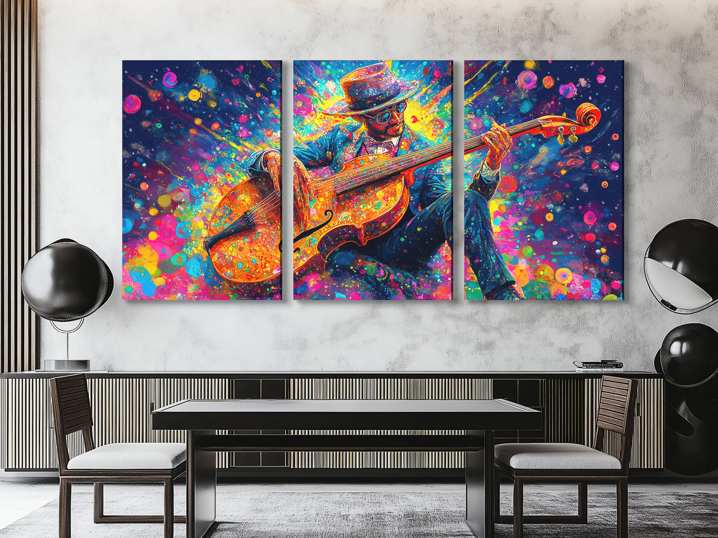 Canvasprint van een dynamische bassist – Explosieve kleurenspatmuziekdecoratie, levendige jazzfunkenergie