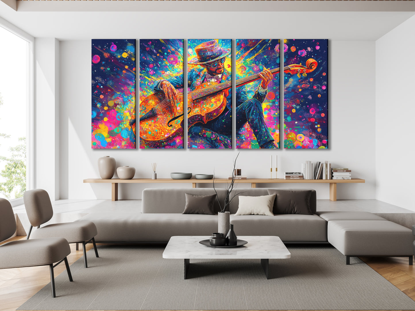 Canvasprint van een dynamische bassist – Explosieve kleurenspatmuziekdecoratie, levendige jazzfunkenergie